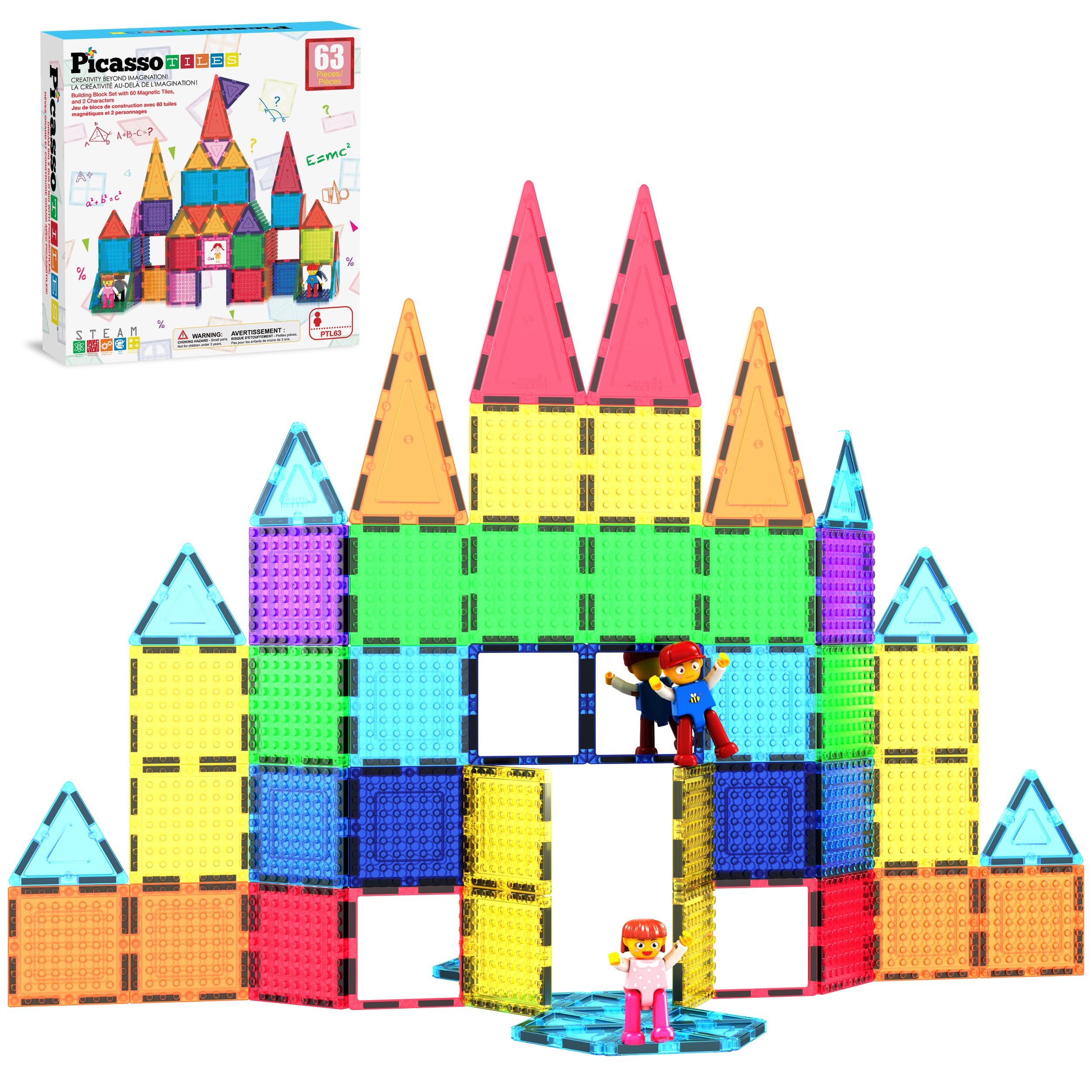 PicassoTiles 63pc Magnetic Tile Building Block Set with 2 Character Figures STEM 3D Construction Educational Toy for Kid Toddlers Boys Girls Age 3 Plus Montessori Learning Playset Creativity Kit PTL63