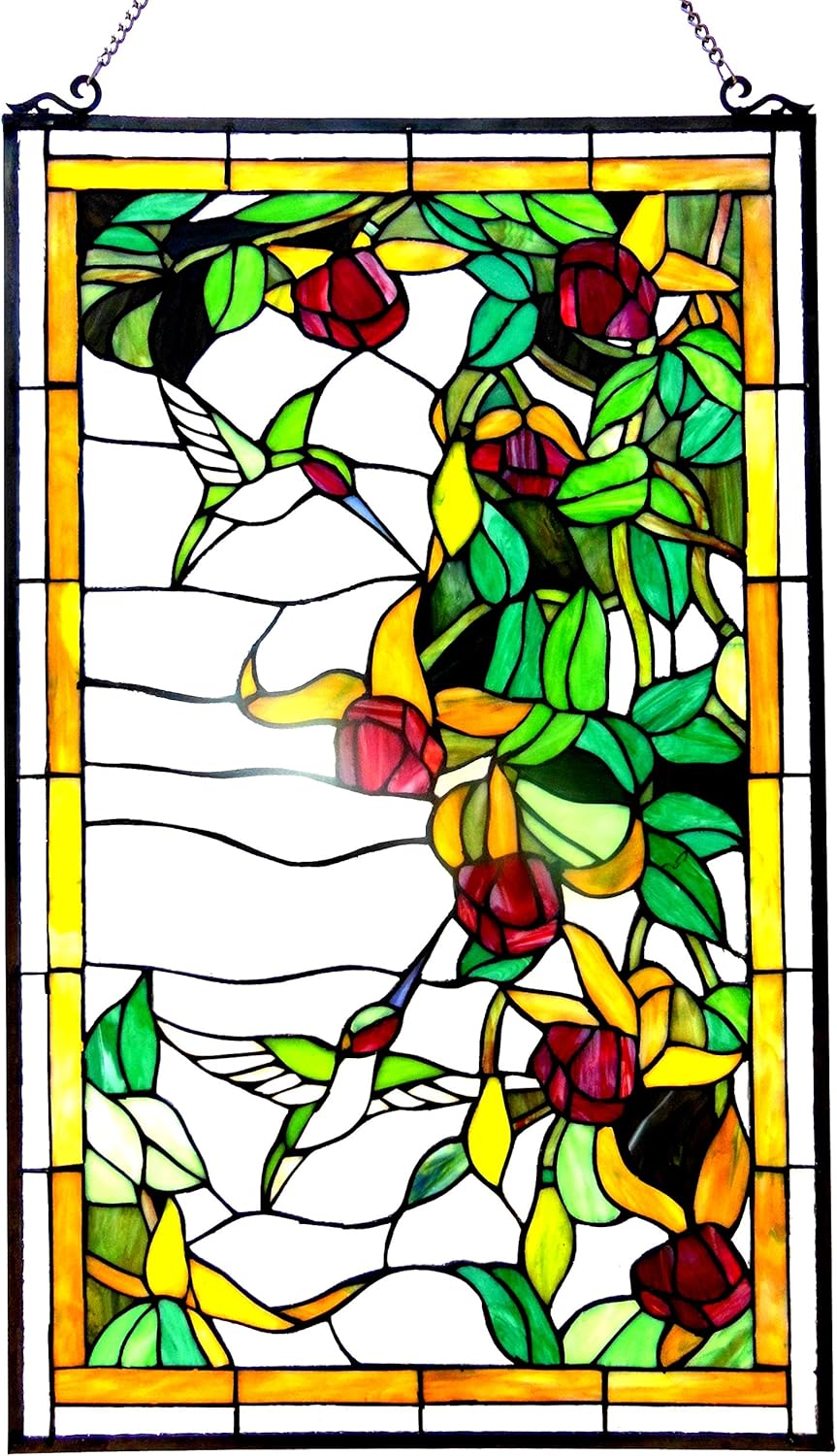 Chloe Tiffany-Glass Hummingbirds Design Window Panel 20x32