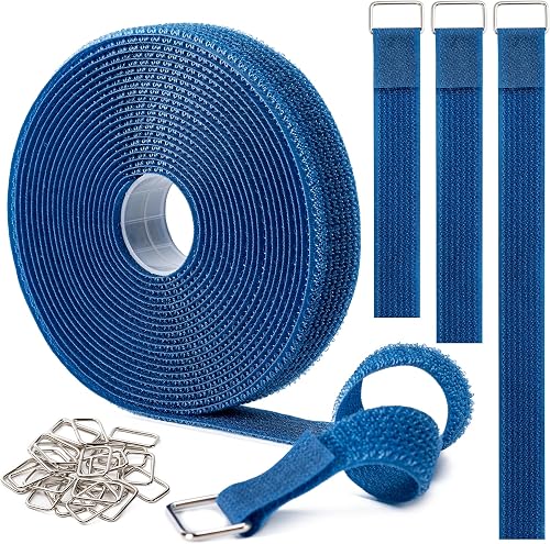 1" x16Ft Hook and Loop Straps with 25 Metal Buckles, Adjustable Fastening Cable Straps, Free Cut Length, Reusable Nylon Cable Ties for Organizer or Storage, Blue