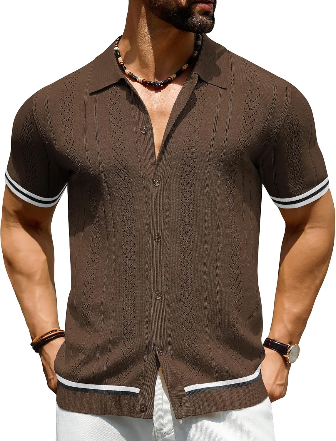 URRU Men's Knit Shirts Textured Short Sleeve Button Down Vintage Casual Shirt Lapel Collar Summer Beach T Shirts Polo Tops