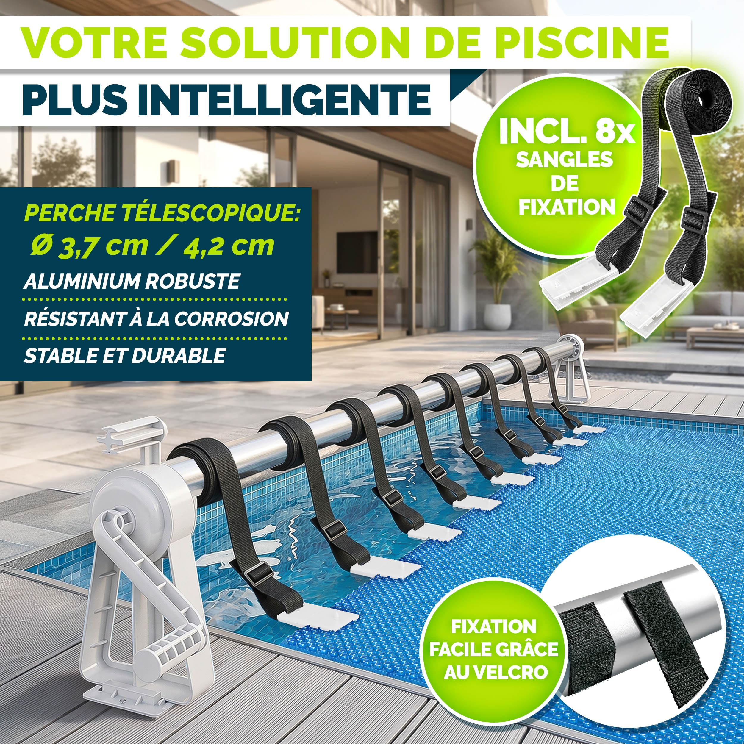 tillvex Dérouleur pour Piscine 1,05-6,15 m avec thermomètre | Système d'enroulage pour bâche Solaire | Dispositif d'enroulement Les bâches de Protection et couvertures de Piscine + Pattes de Fixation