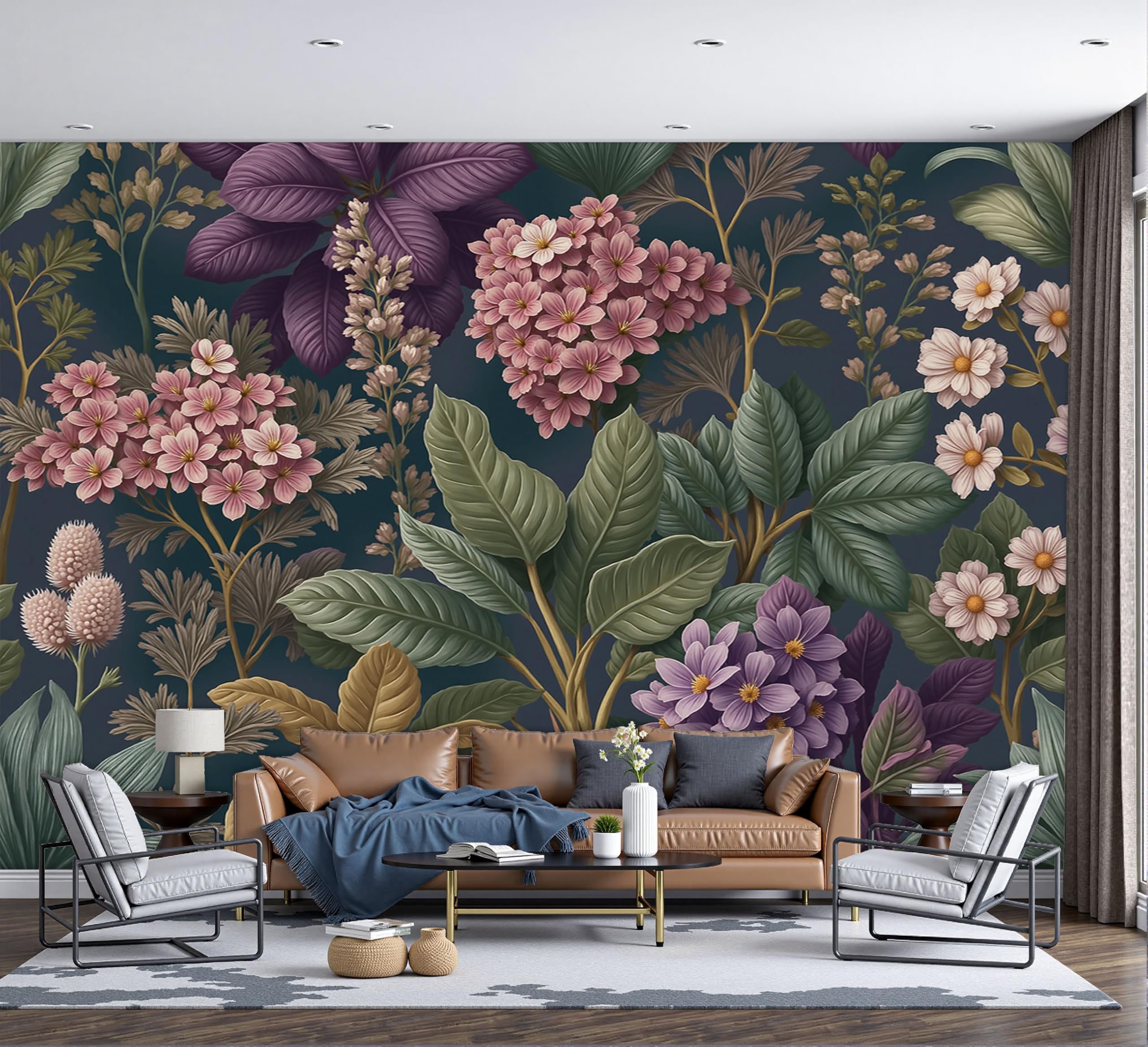 Papier peint panoramique fleurs et plantes pour masquer un grand mur vide et illuminer un salon
