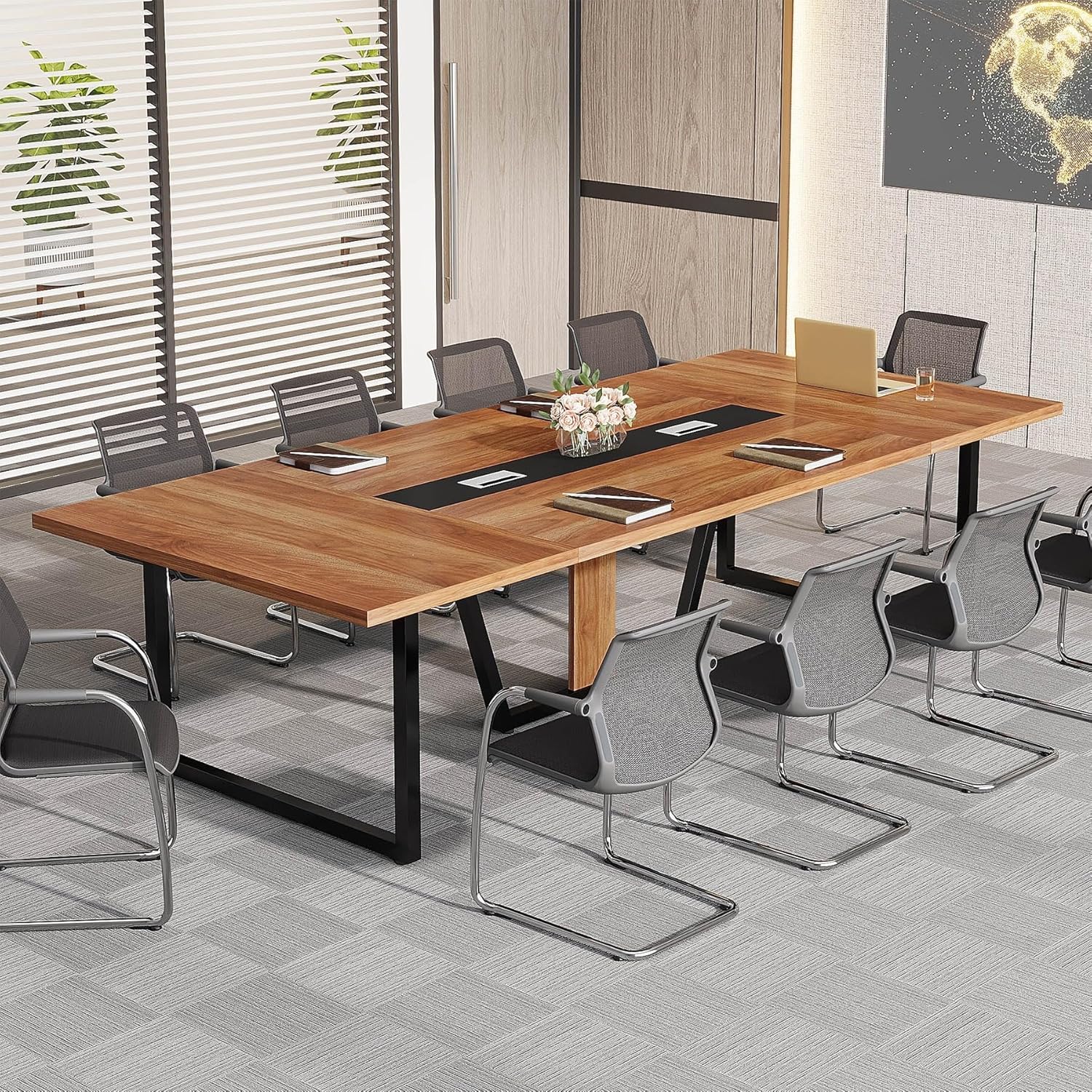 8ft Conference Table Large Meeting for 10 People Easy Assembly Brown Modern Contemporary Rectangular Metal Wood Walnut Finish Modular