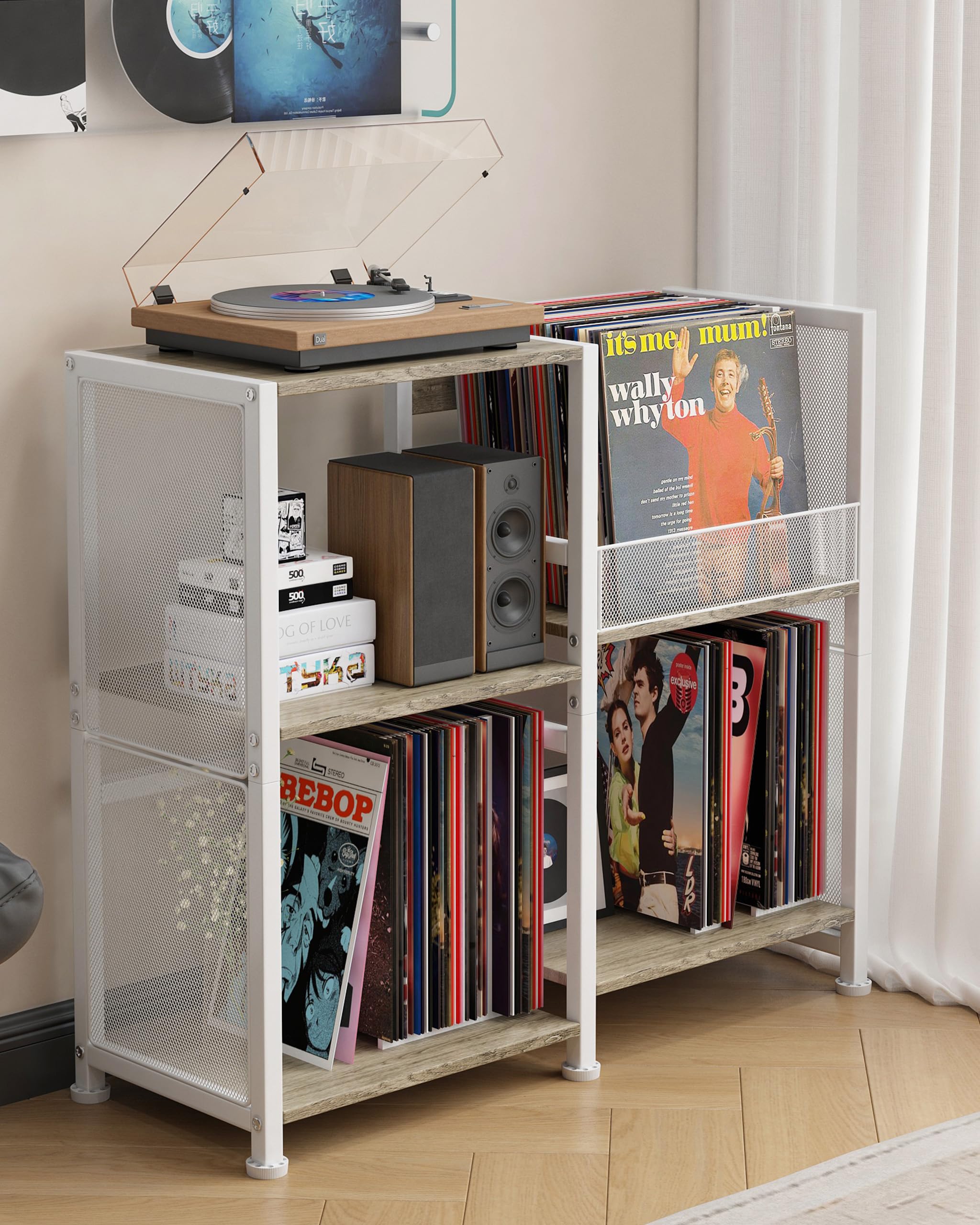 Soporte para tocadiscos, armario de almacenamiento para discos de vinilo | soporte para tocadiscos con espacio de almacenamiento para discos de vinilo para hasta más de 200 álbumes, Blanco