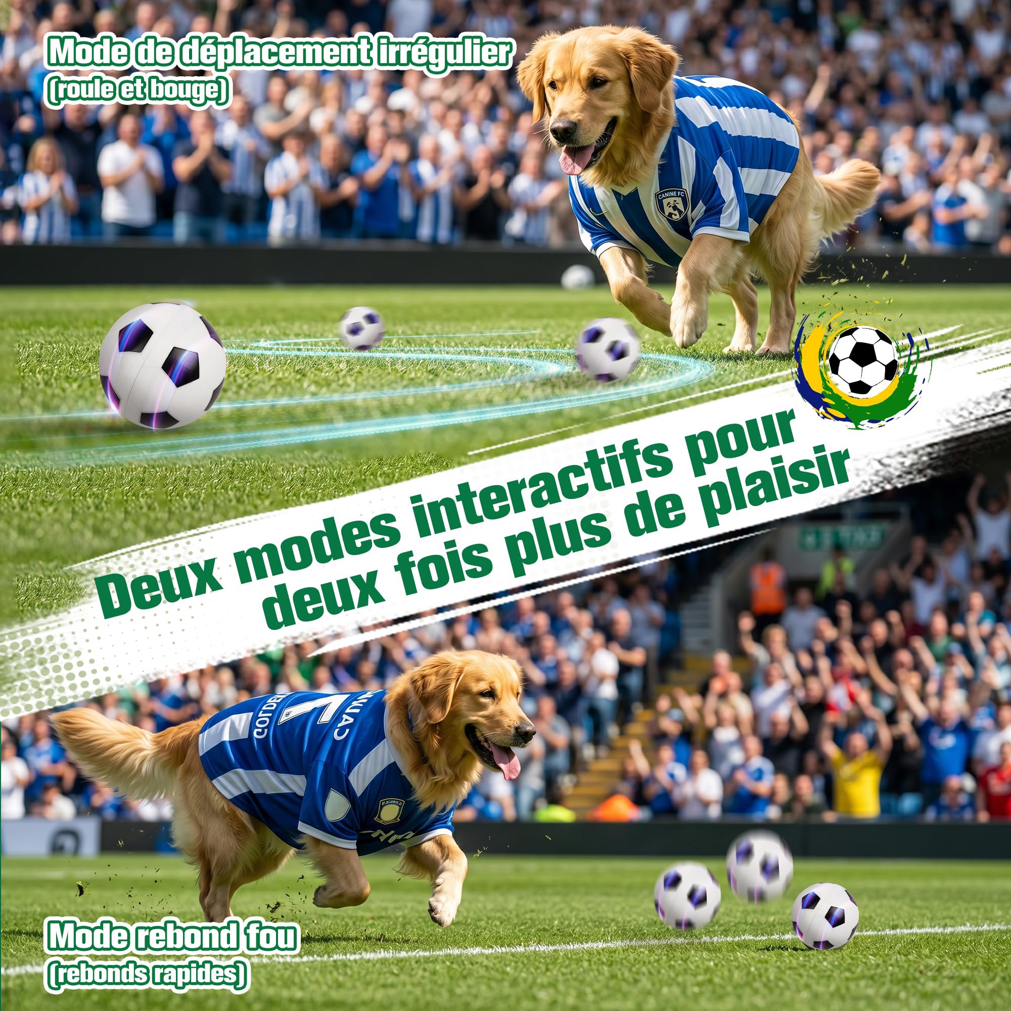 Pet Prime Balle Interactive pour Chien, Balle Football Coupe du Monde Rechargeable USB, 2 Modes détection Tactile, résistante intérieur extérieur