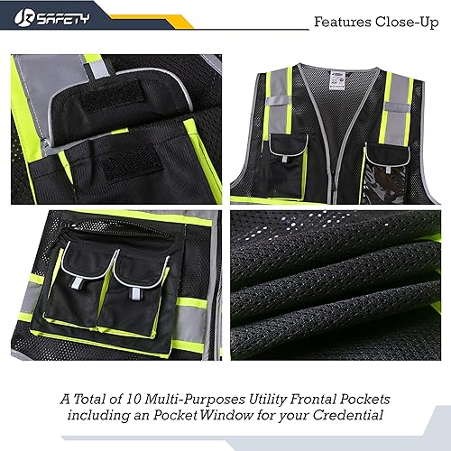 Miniatura 2 de JKSafety Chaleco de seguridad frontal con 10 bolsillos clase 2 de alta visibilidad con tiras reflectantes, cumple con los estándares ANSIISEA