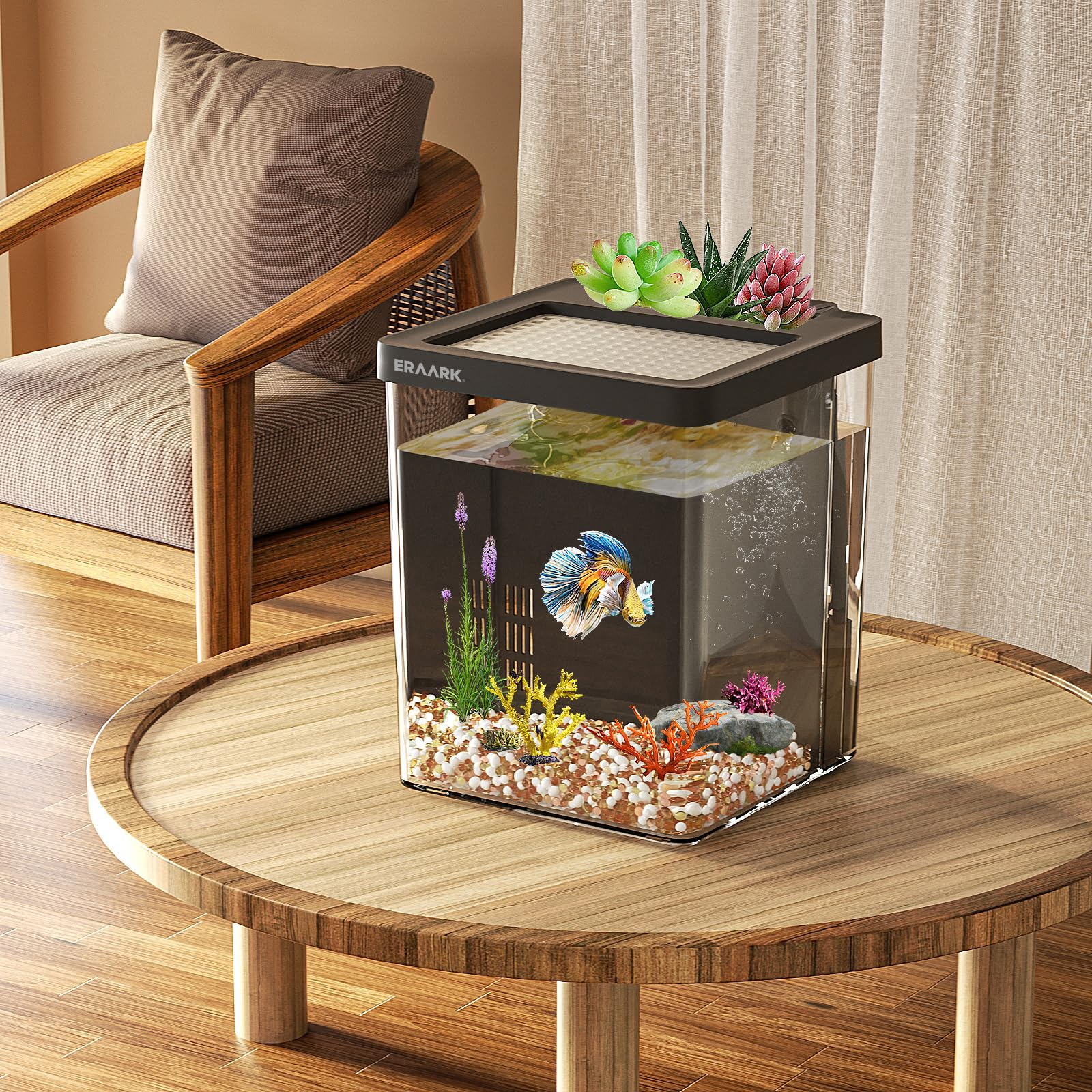 ERAARK Betta Aquarium-Set mit Filter-LED-Licht, Wasserpumpe, Starter-Kits, Fischglas, 4,8 l