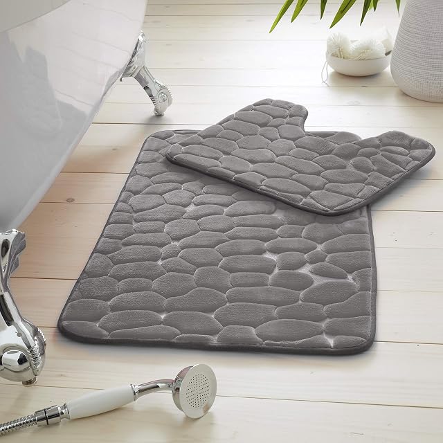 GC GAVENO CAVAILIA Luxury 2 Piece Pebbles Bathroom Mat, Washable Bath Mat Non Slip, Highly Absorbent Toilet Rug, Grey, Regular