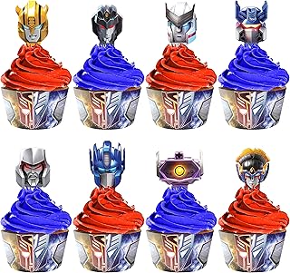 Treasures Gifted Officially Licensed Transformers Cupcake Toppers & Wrappers 24ct - Transformers Cake Decorations - Transformers Birthday Party Supplies - Transformers Birthday Decorations