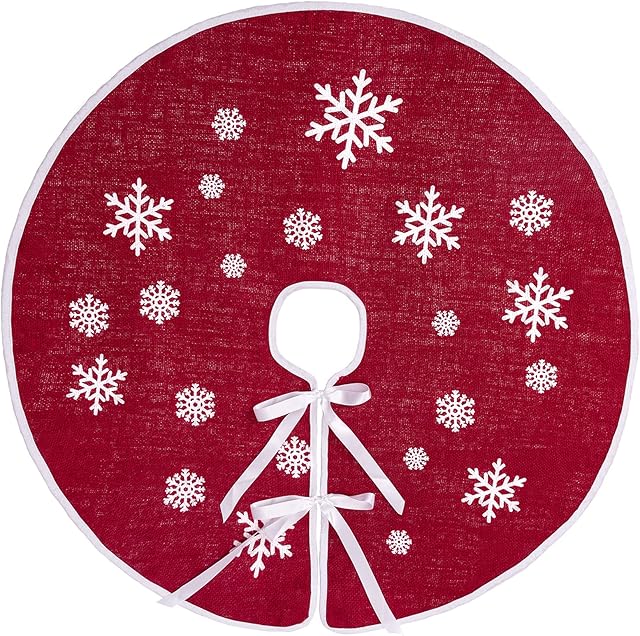 N&T NIETING Christmas Tree Skirt, 30 Inches White Snowflake Printed Red Burlap Tree Skirt, Xmas Holiday Decoration Indoor Outdoor