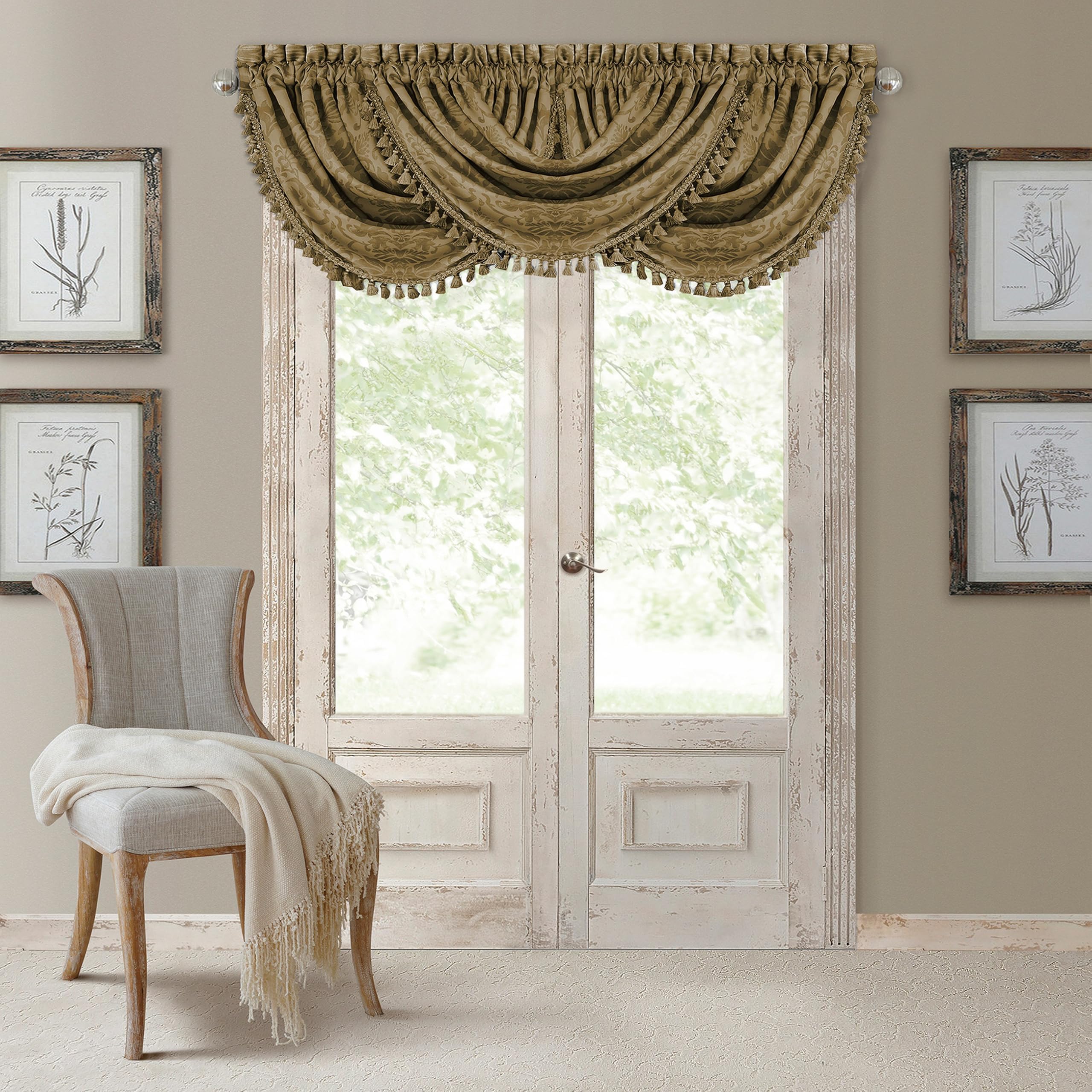 Home Fashions Antonia Floral Damask Waterfall Window Valance with Tassels, 52"x36", Antique Gold
