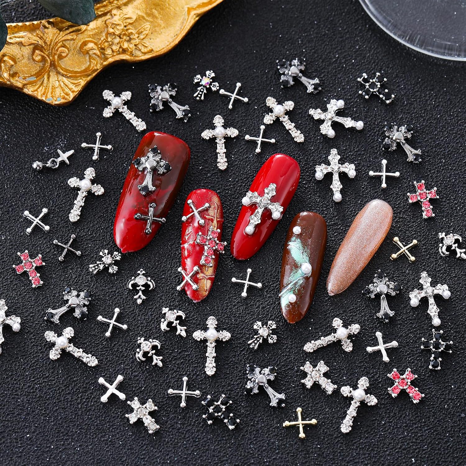 100pcs 3D Cross Nail Charms 8 Styles Metal Nail Art Charms White Gold Silver Gold Black Cross Charms for Nails（100pcs）