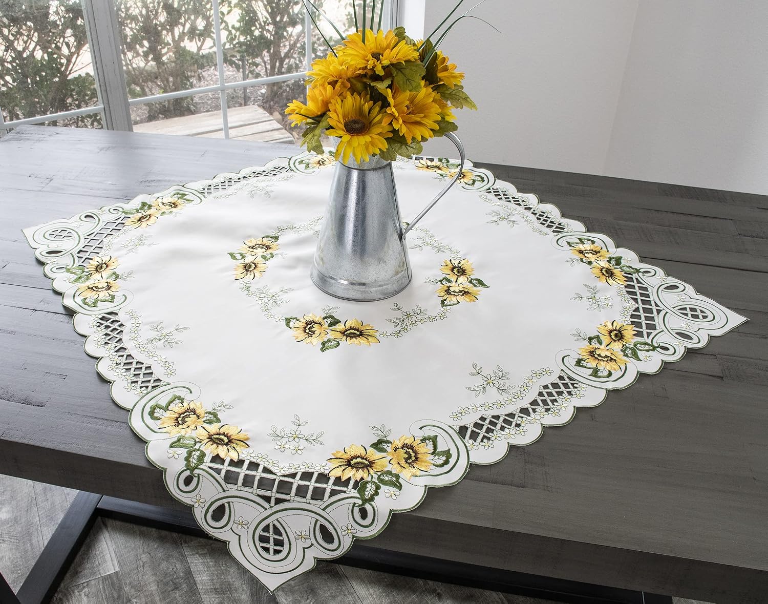 Linens, Art and Things Embroidered Square Sunflower Table Topper, Small Tablecloth, Table Centerpiece (33 Inch Square)