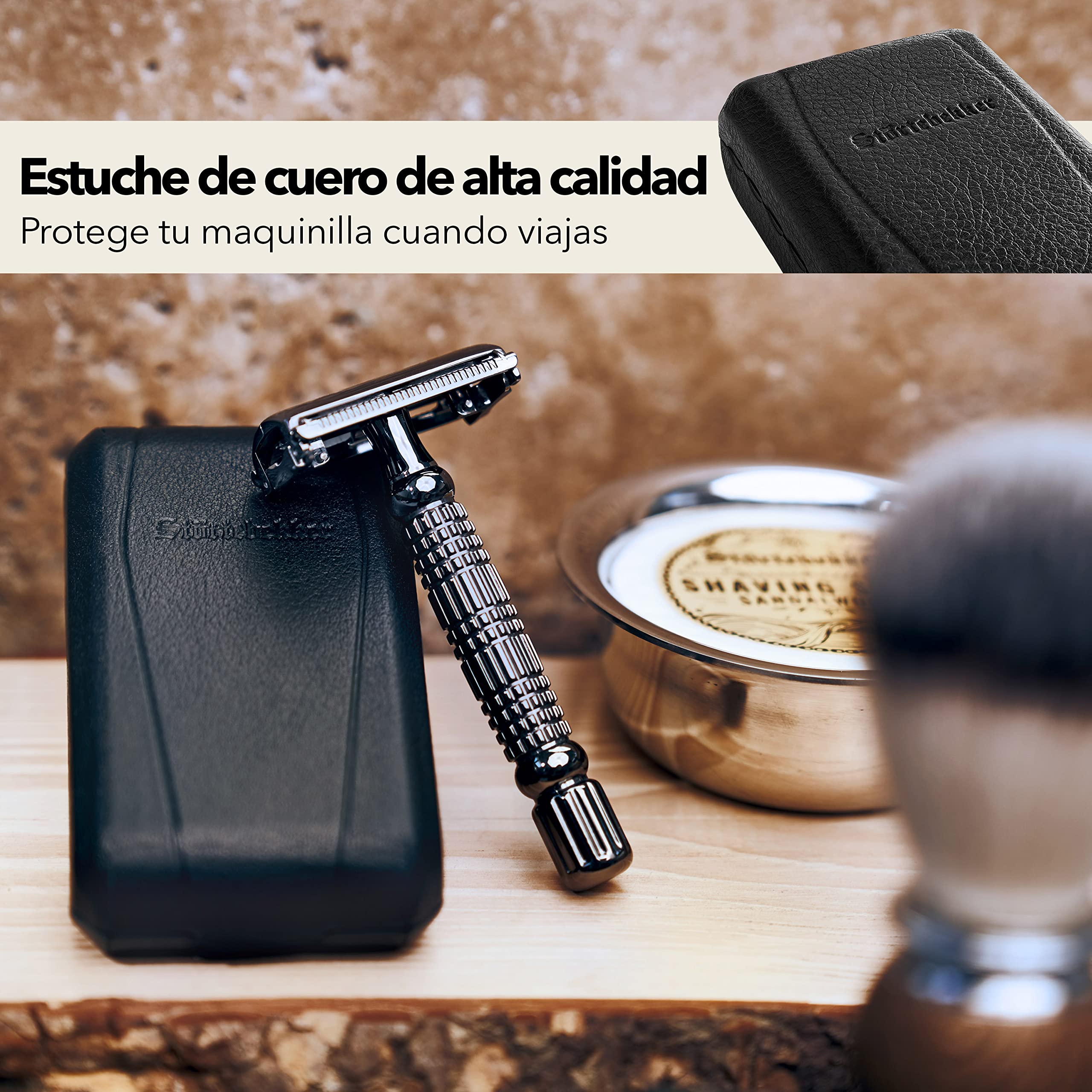 Maquinilla de afeitar clásica en estuche de cuero hecho a mano [+ 10 hojas Störtebekker] - Cuchilla de afeitar de primera calidad - Set de afeitado con espejo integrado (Negro - Negro)