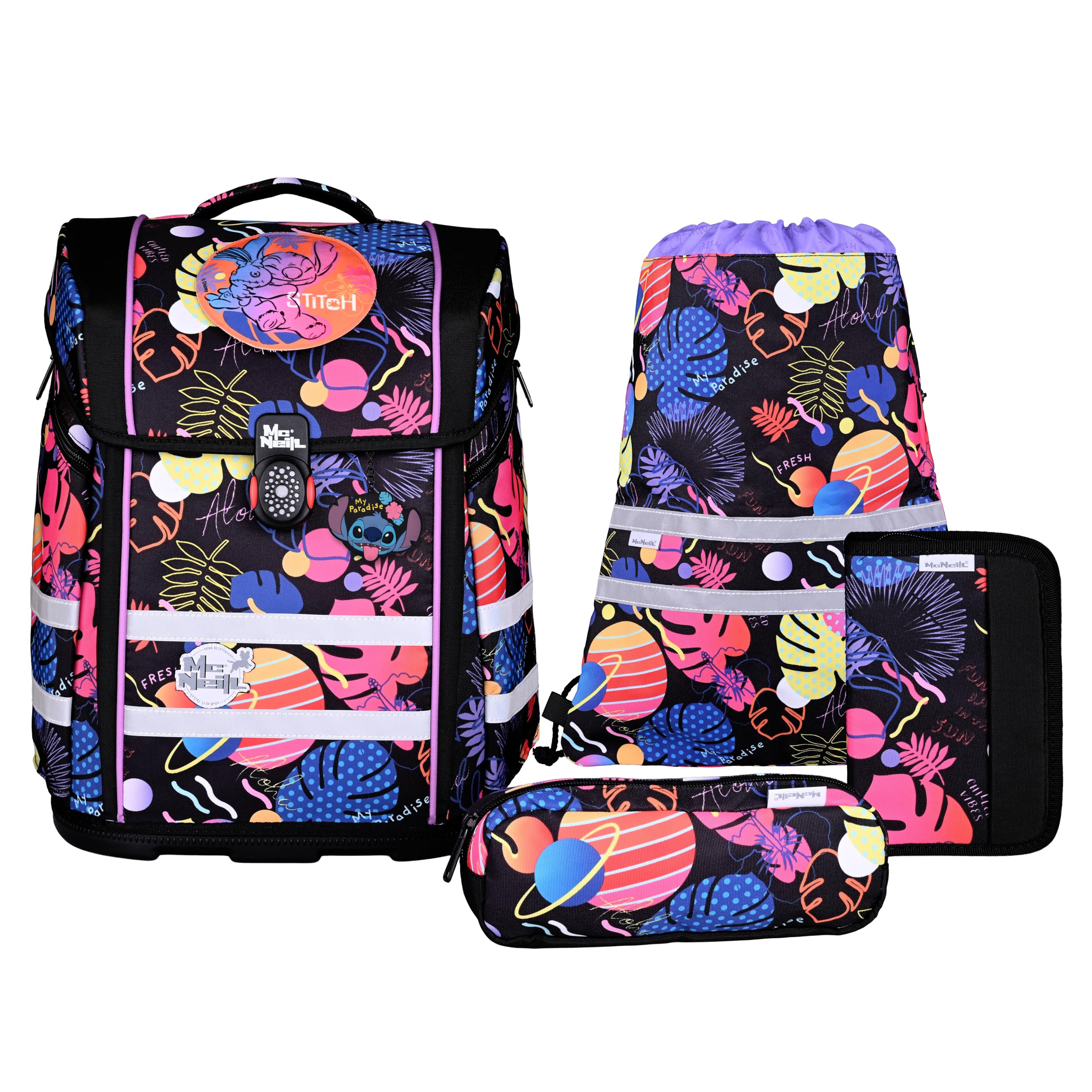 McNeill Stitch III Perfecto SchulranzenSet 5-teilig – Ergonomischer Schulranzen mit gefülltem Federmäppchen, Sportbeutel & mehr im Disney Stitch Design – Reflektierend, mit Brustgurt, für Grundschule