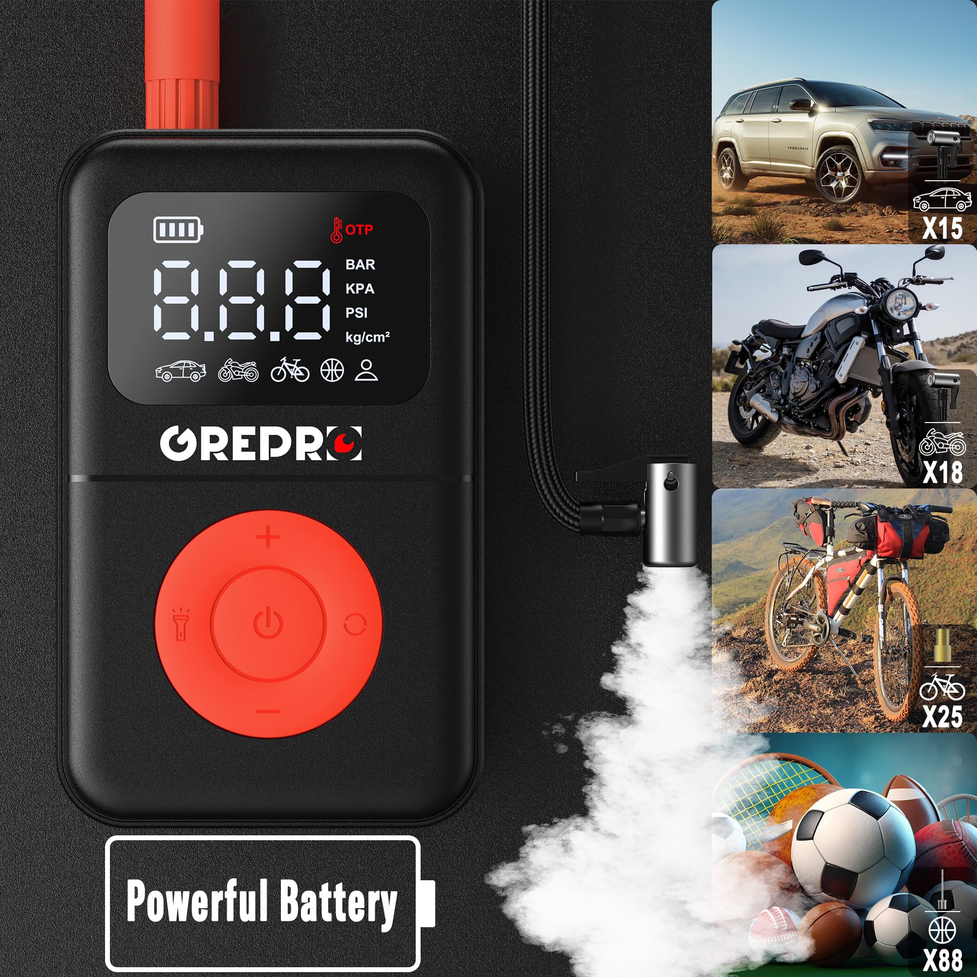 GREPRO - Compresor de aire portátil para neumáticos, bomba de aire portátil de 160 PSI con medidor de presión digital, luz LED y múltiples adaptadores para coche, motocicleta, bicicleta y otros