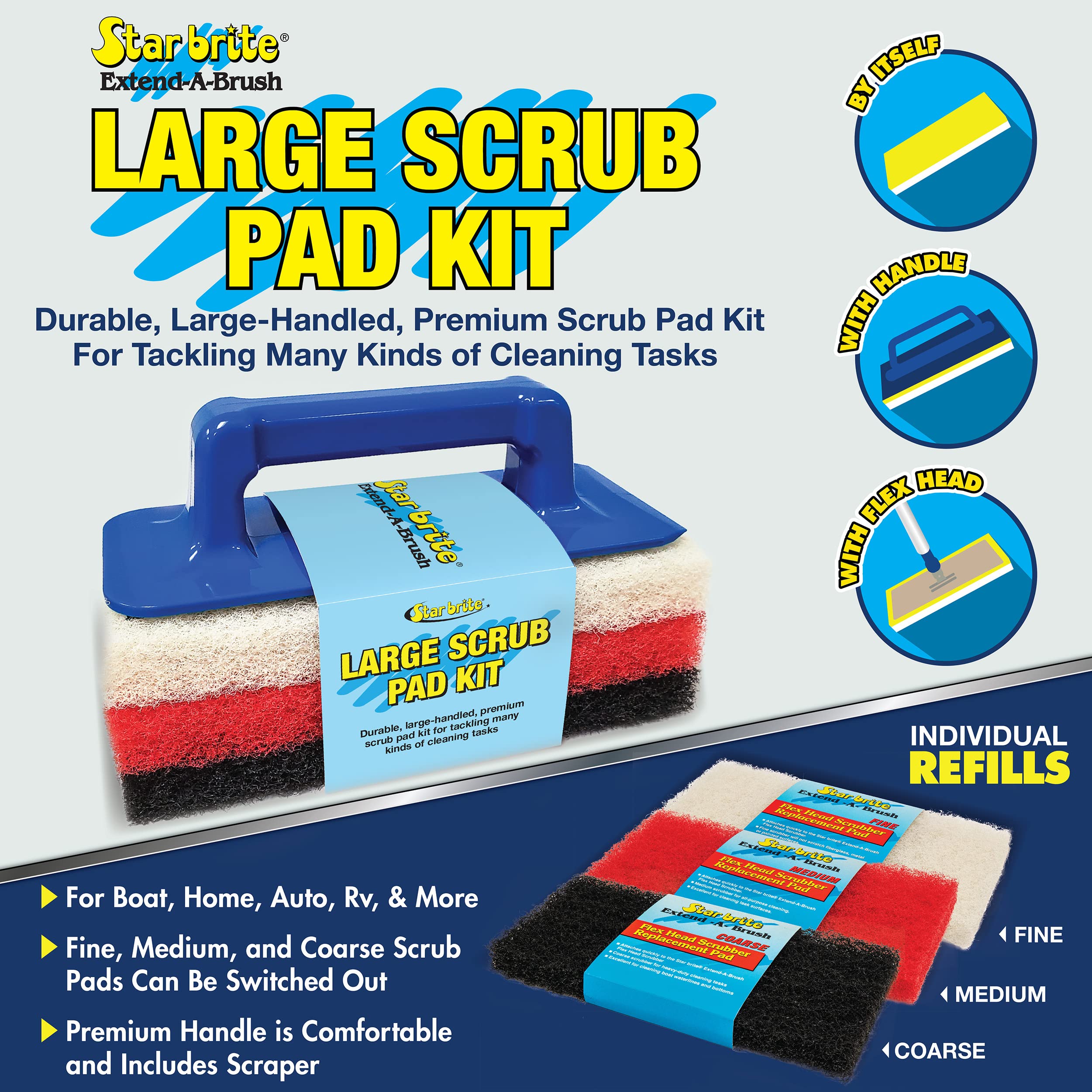 STAR BRITE Scrub Pad Kit Grande - Manico con 3 Diversi Tamponi Testurizzati