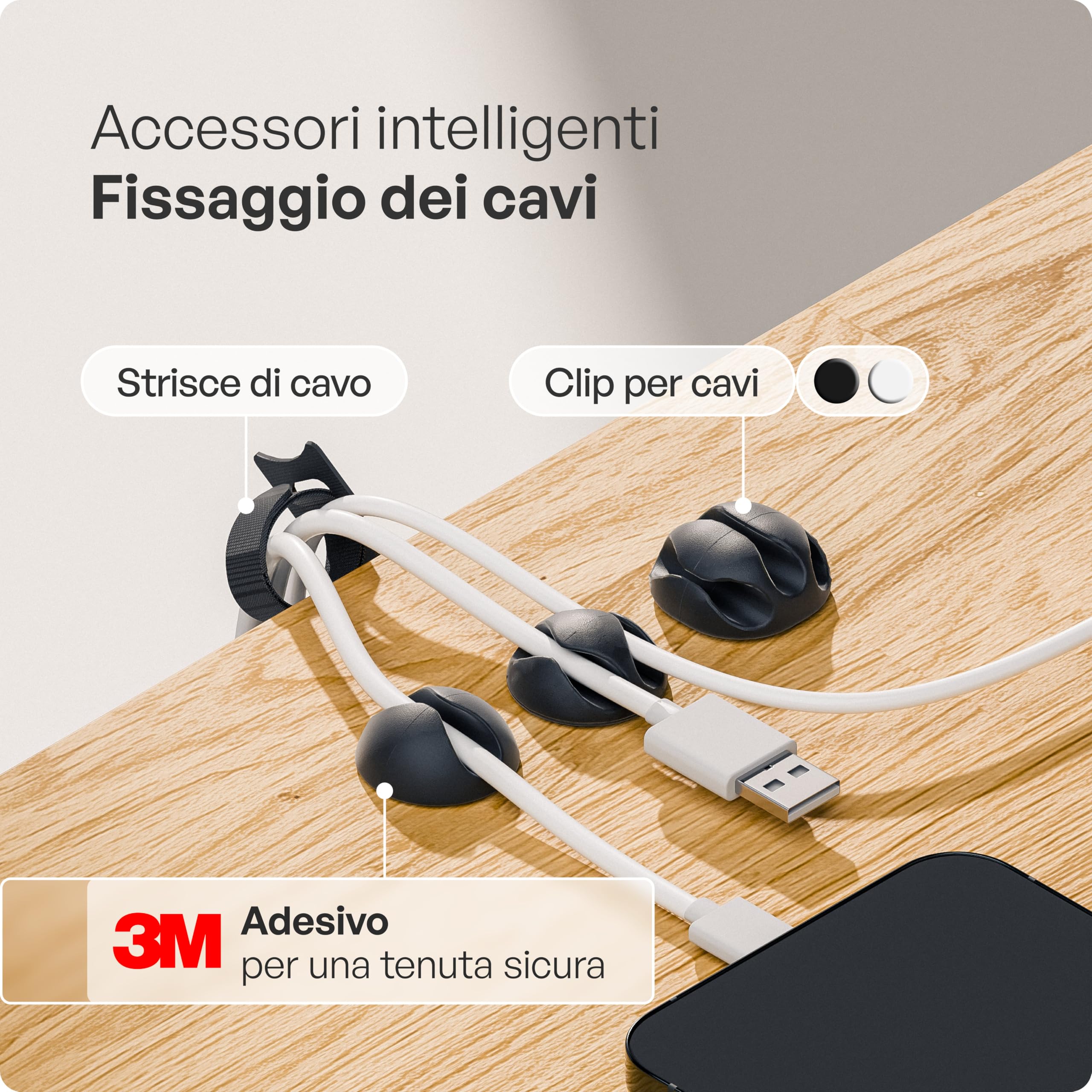PAMO porta cavi, nera, set di 2 – incl. 10× fascette a strappo e clip per cavi – facile installazione con viti incluse – organizzatore scrivania per ufficio e casa