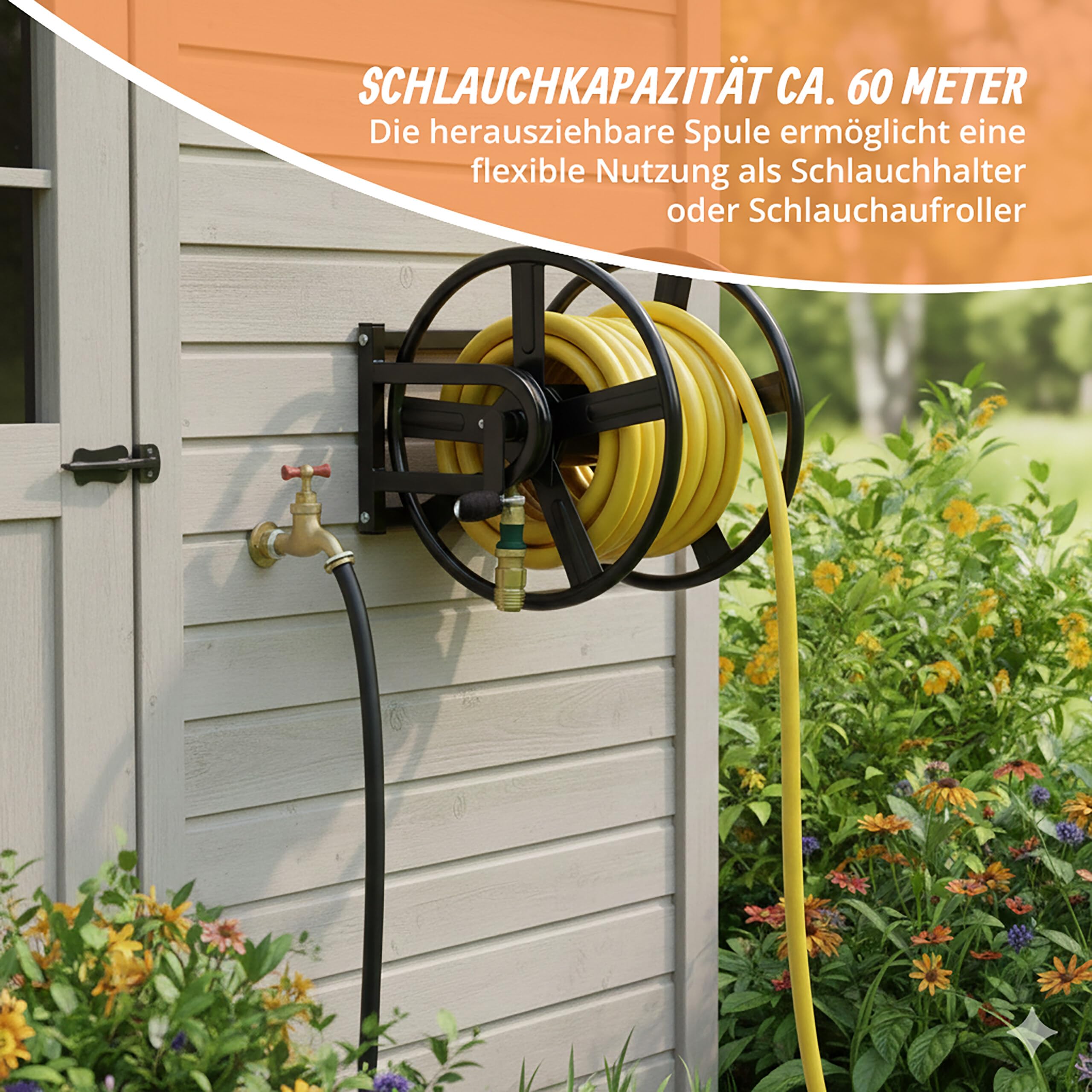 Relaxdays Schlauchwagen, 60 m, Klickkupplung, 2 Luftreifen, Stahl, abnehmbare Schlauchtrommel, Schlauchwickler, schwarz