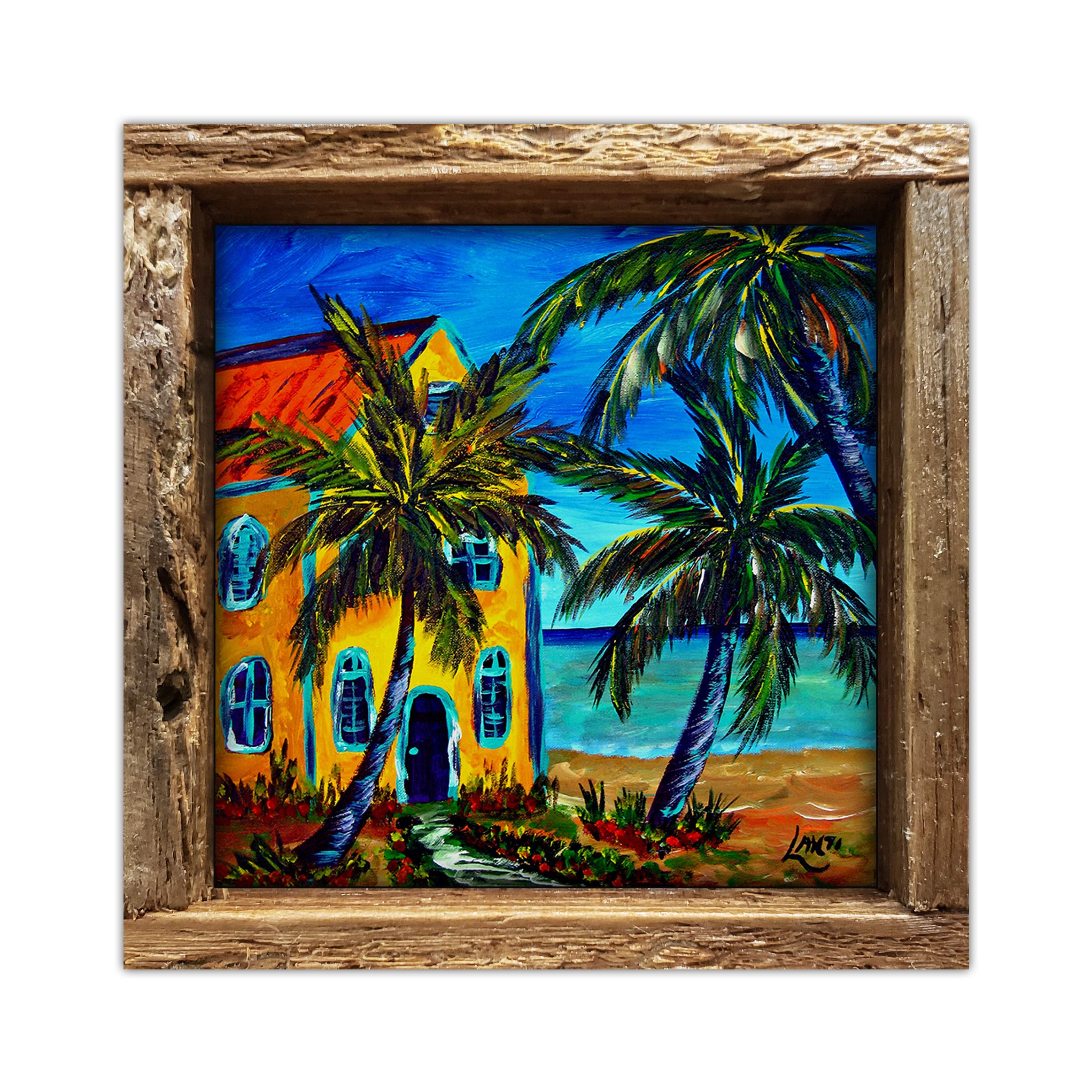 ArtCafe | Living in Paradise | Original Art Print on a 4.25 x 4.25 Glossy Ceramic Tile Framed in Lobster Trap Frame