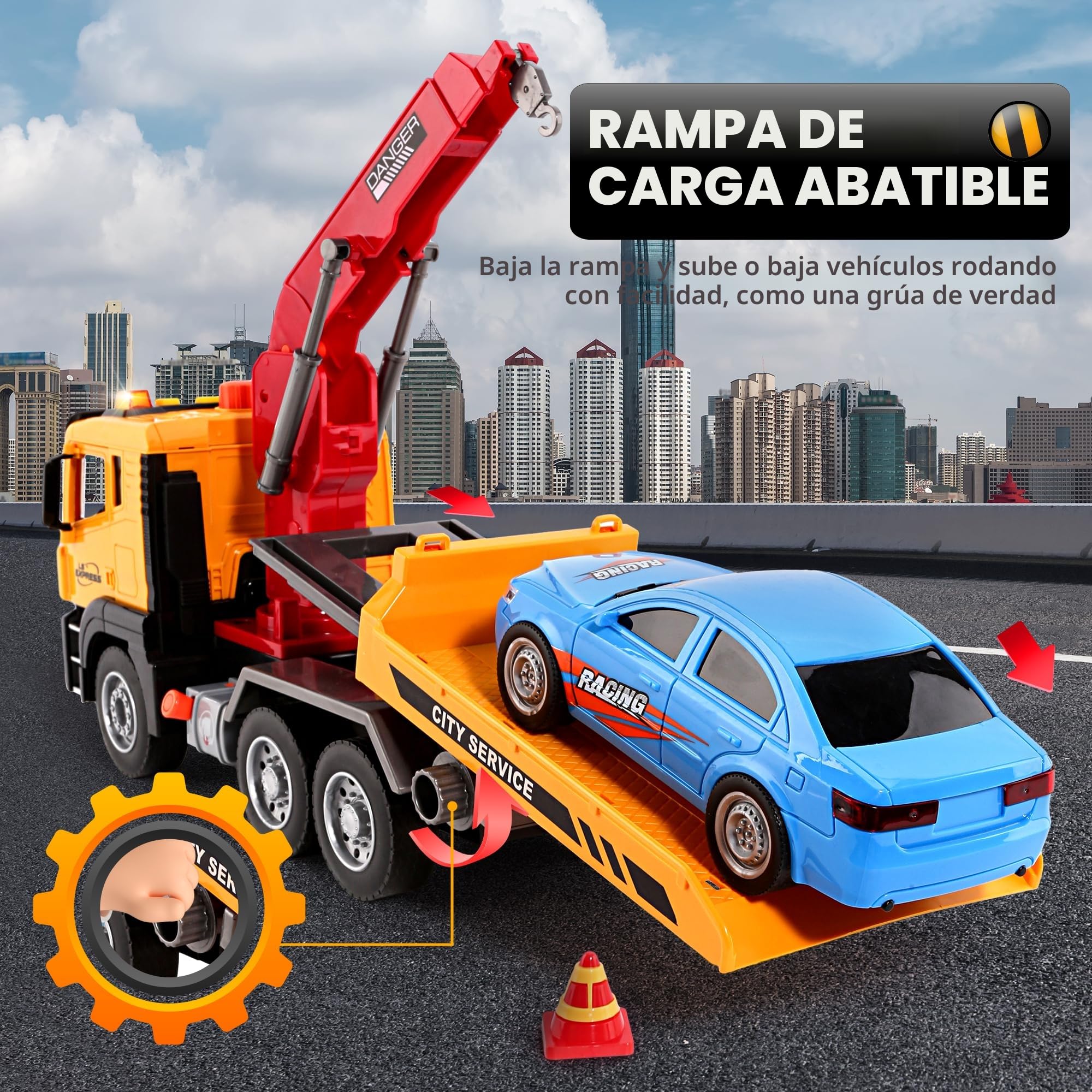 BunnyJOY Camión de Juguete para Niños de 3 Años, Camiones de Juguete con Remolque Grande, Inercia, Luces y Sonidos, Regalo de Cumpleaños para Niños 4 5 6 años