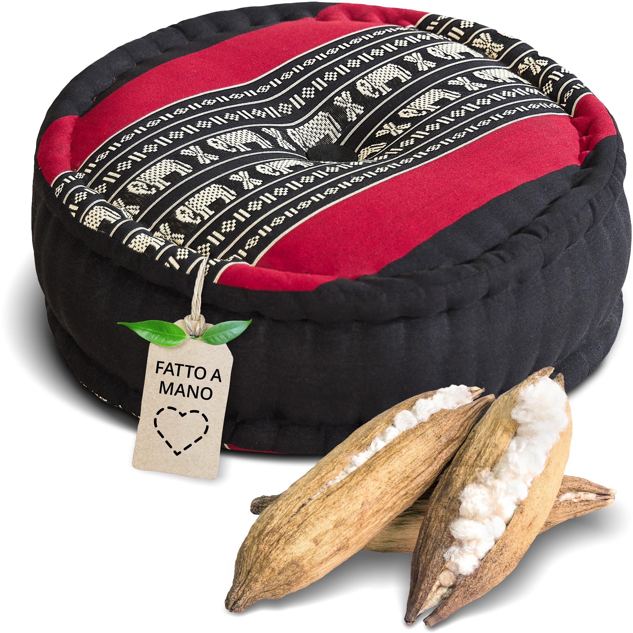 livasia Cuscino da Meditazione Ø 38x15cm - Cuscino per Yoga kapok, Pouf, Cuscino per Pavimento Yoga Meditazione Zen, Cuscino zafu Giardino Balcone, Cuscino per sedersi Fatto a Mano (Nero/Elefanti)