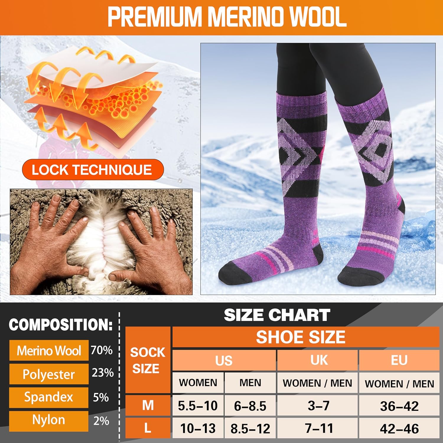 3 Pairs Merino Wool Ski Socks for Womens Mens Thermal Winter Warm Thick Knee High Socks for Skiing Snowboarding - Image 5