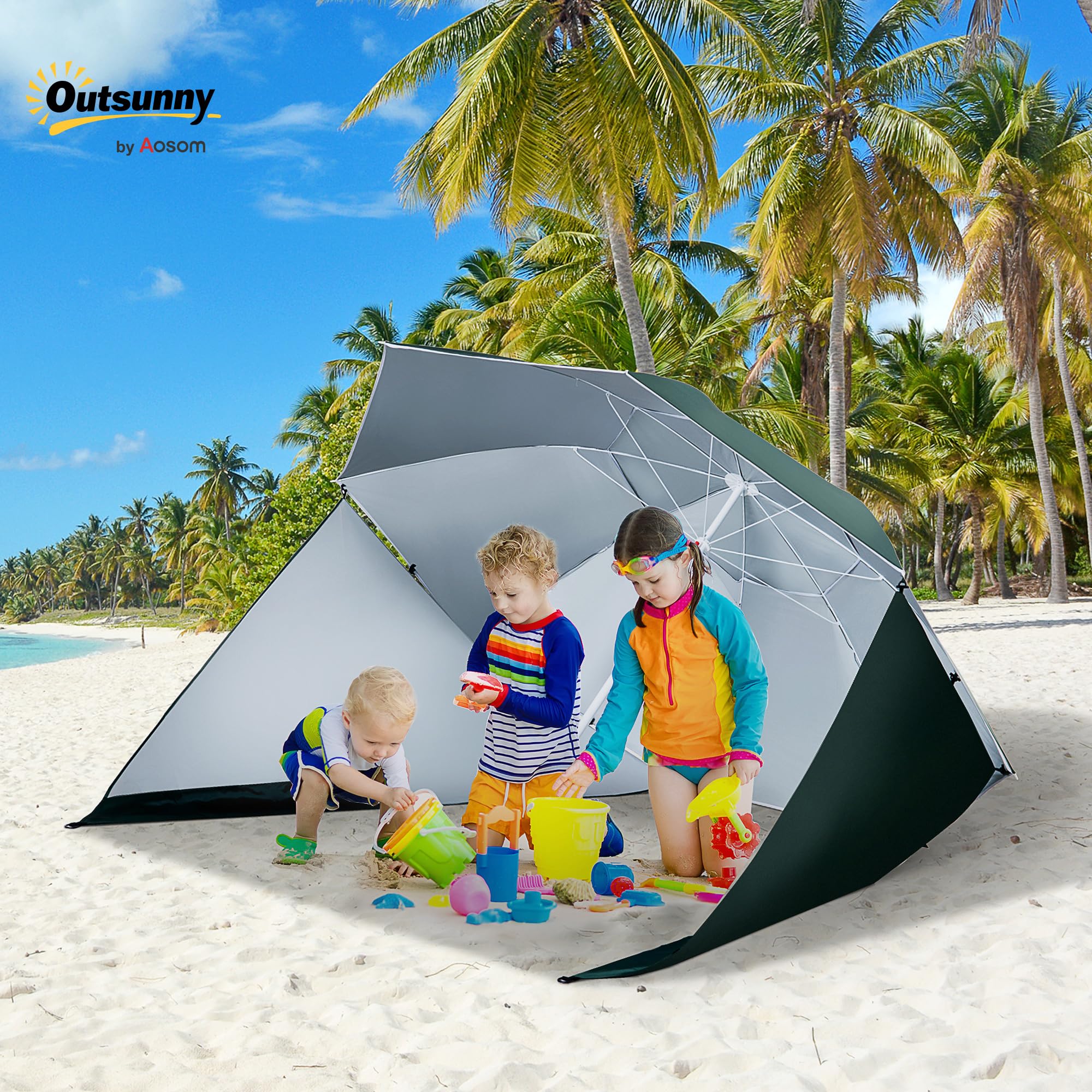 Outsunny Parasol de Plage Parasol abri Solaire Contemporain Protection UPF 50+ Sac Transport fourni Vert foncé