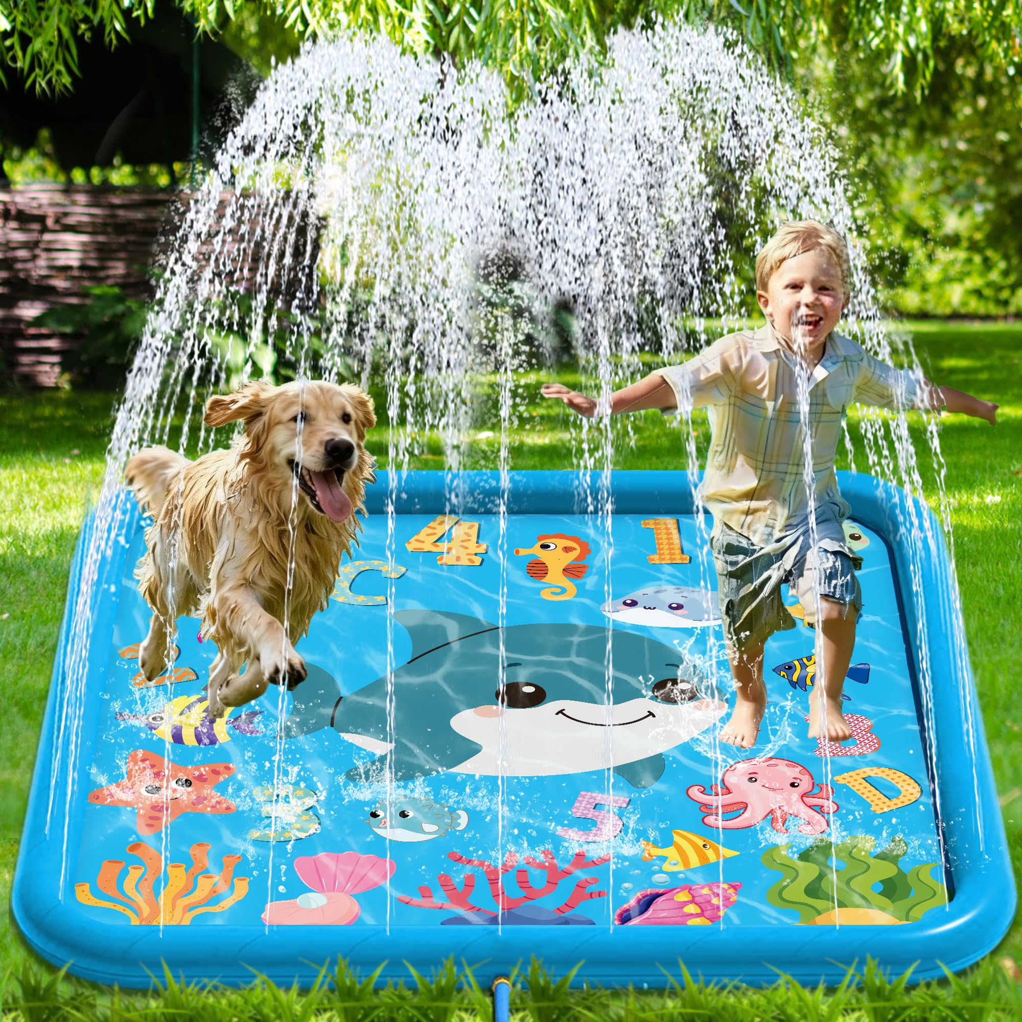 Lubibi 170cm Large Square Sprinkle and Splash Water Play Mat,PVC Blue Thickened Non-Slip Splash Pad,Summer Garden Outdoor Family Activities Spray Water Toys,Gift for Dogs & Kids