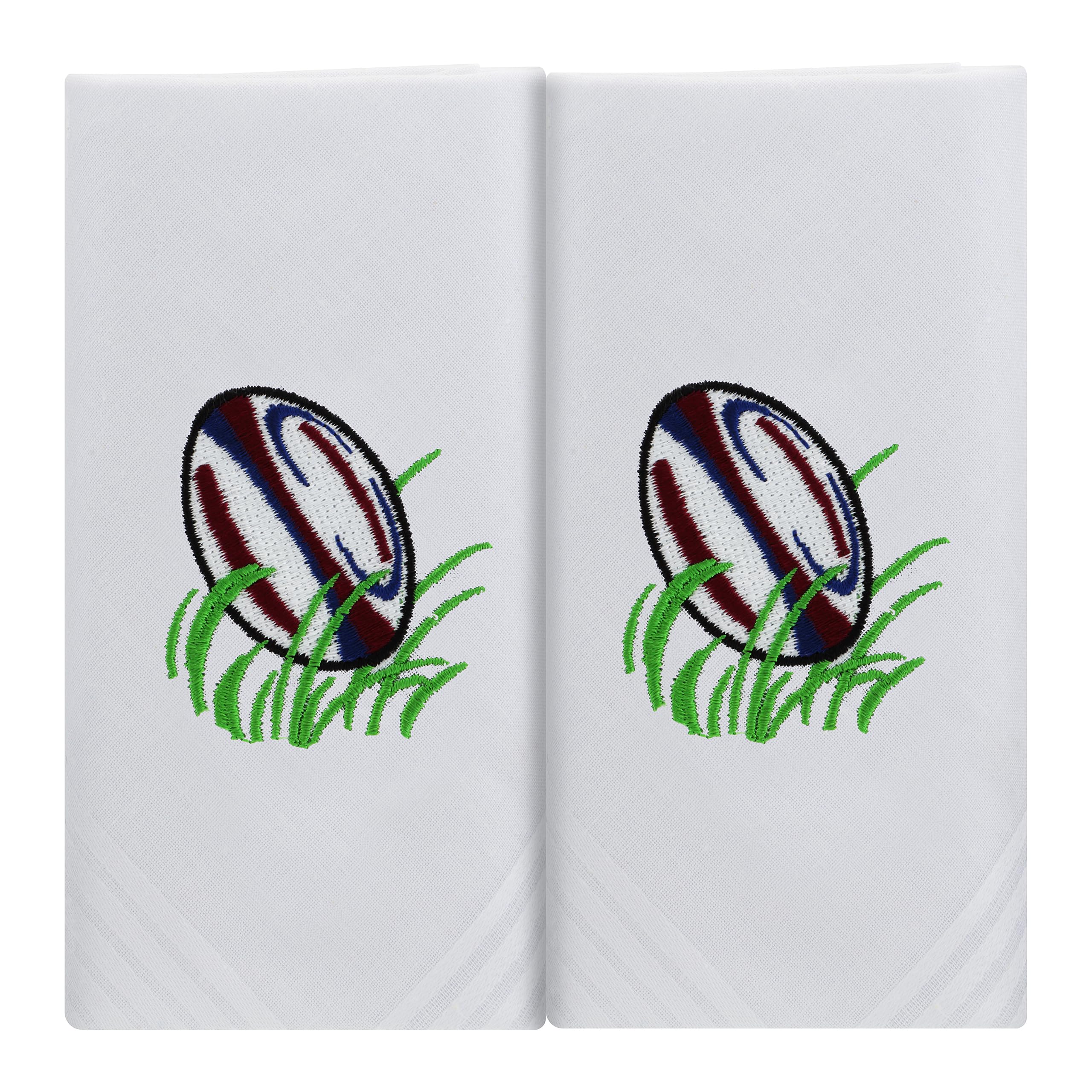 Mandittions Men's White Rugby Ball Box Of 2 White Cotton Handkerchiefs Each Embroidered With A Rugby Ball