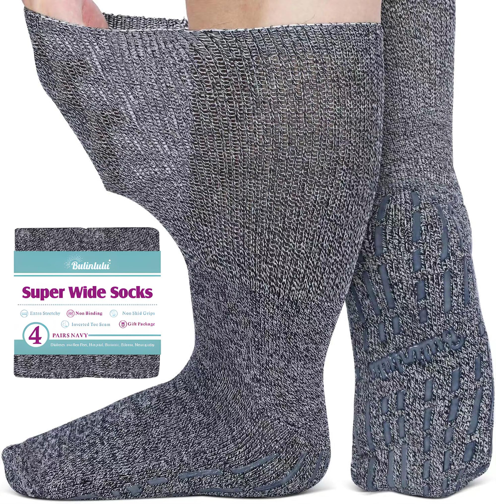 Bulinlulu Extra Width Socks for Swollen Feet-4 Pairs Hospital Grip Socks,Bariatric Socks,Diabetic Socks for Women Men 13-15 One Size Navy Blue