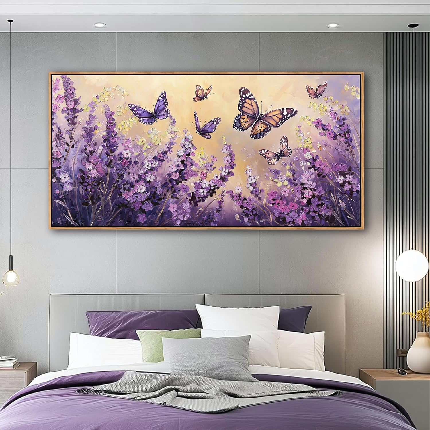 yiijeah 58x29 Inches Poster Frame Wall Art - Purple Lavender Butterfly Large Picture Artwork Wall Decor for Bedroom Living Room Office Home Decoration