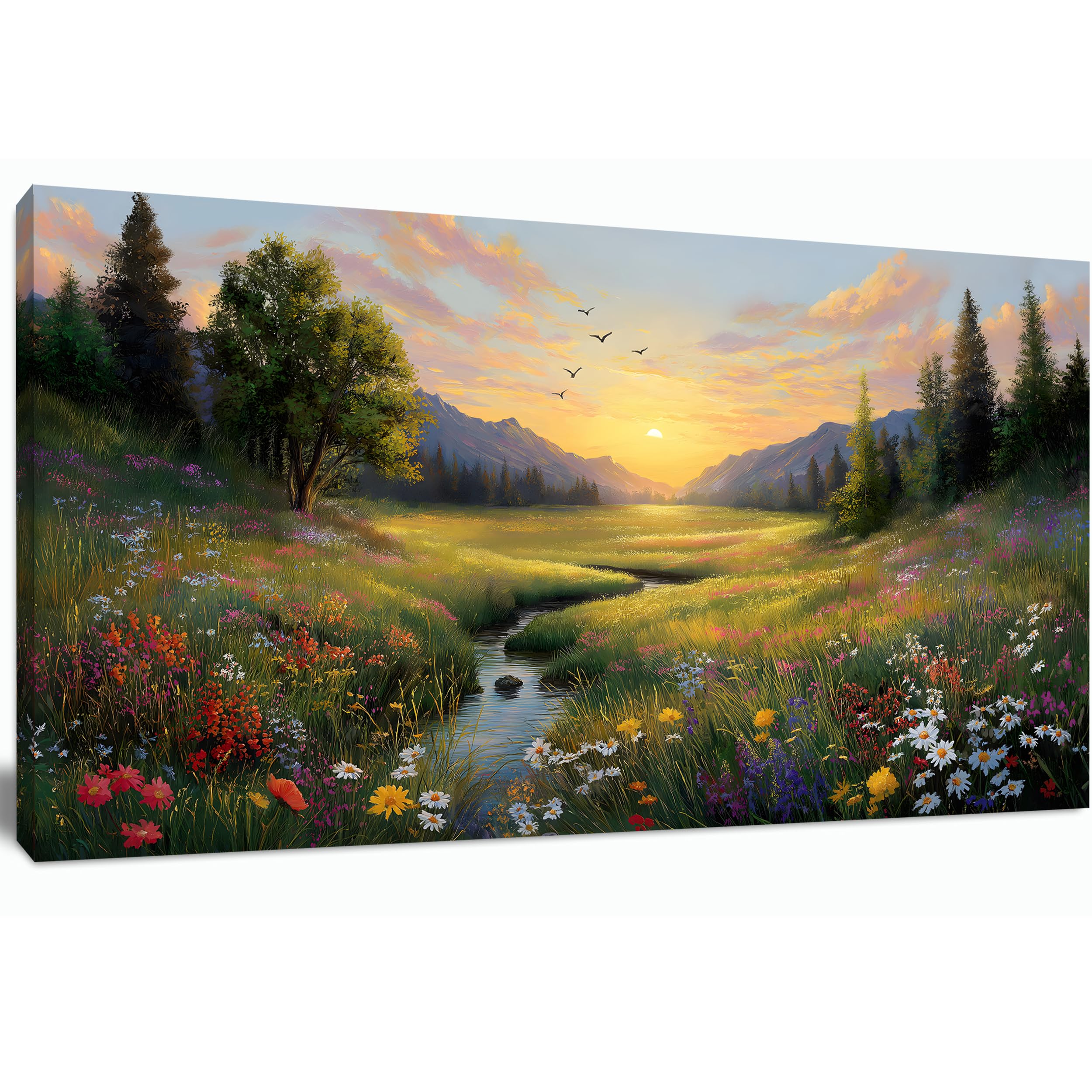 Tarfupth Large Green Landscape Canvas Wall Art for Living Room Sunset Mountain Wildflowers Canvas Prints Nature Scenery Artwork for Bedroom Office Home Decor 20"x40"