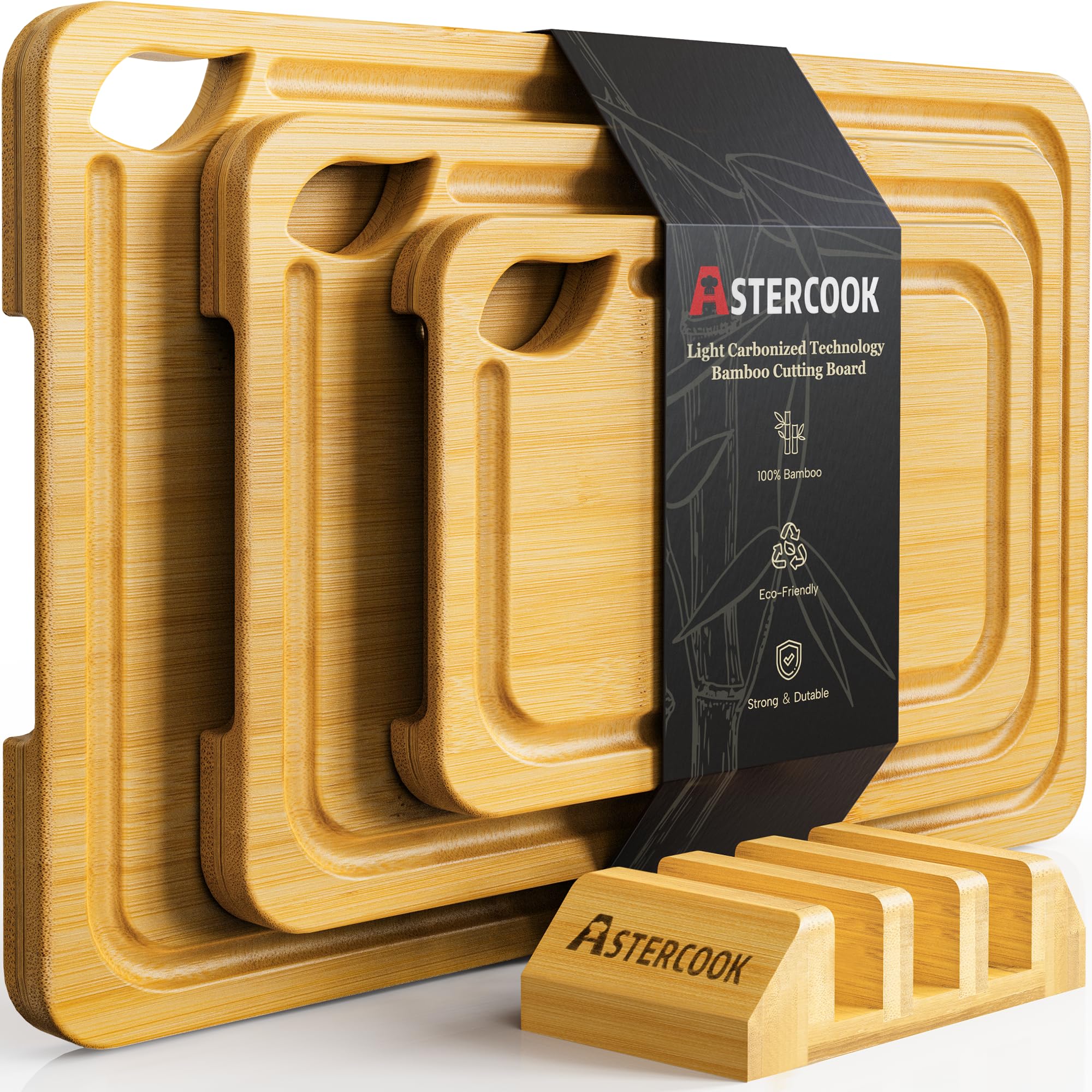 Astercook Nature Bamboo Cutting Boards for Kitchen with Wood Storage Stand, Reversible Charcuterie &amp; Chopping Boards with Juice Grooves and Easy-Grip Handles
