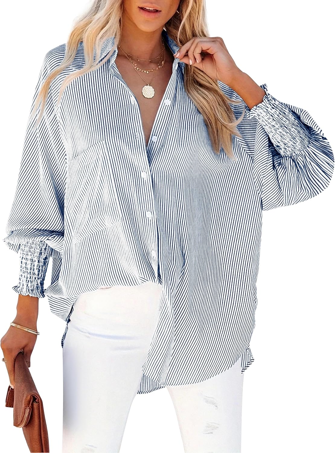 Women’s Wrinkle-Resistant Smocked Cuffed Striped Button Shirt with Pocket Oversized Casual Boyfriend Blouse