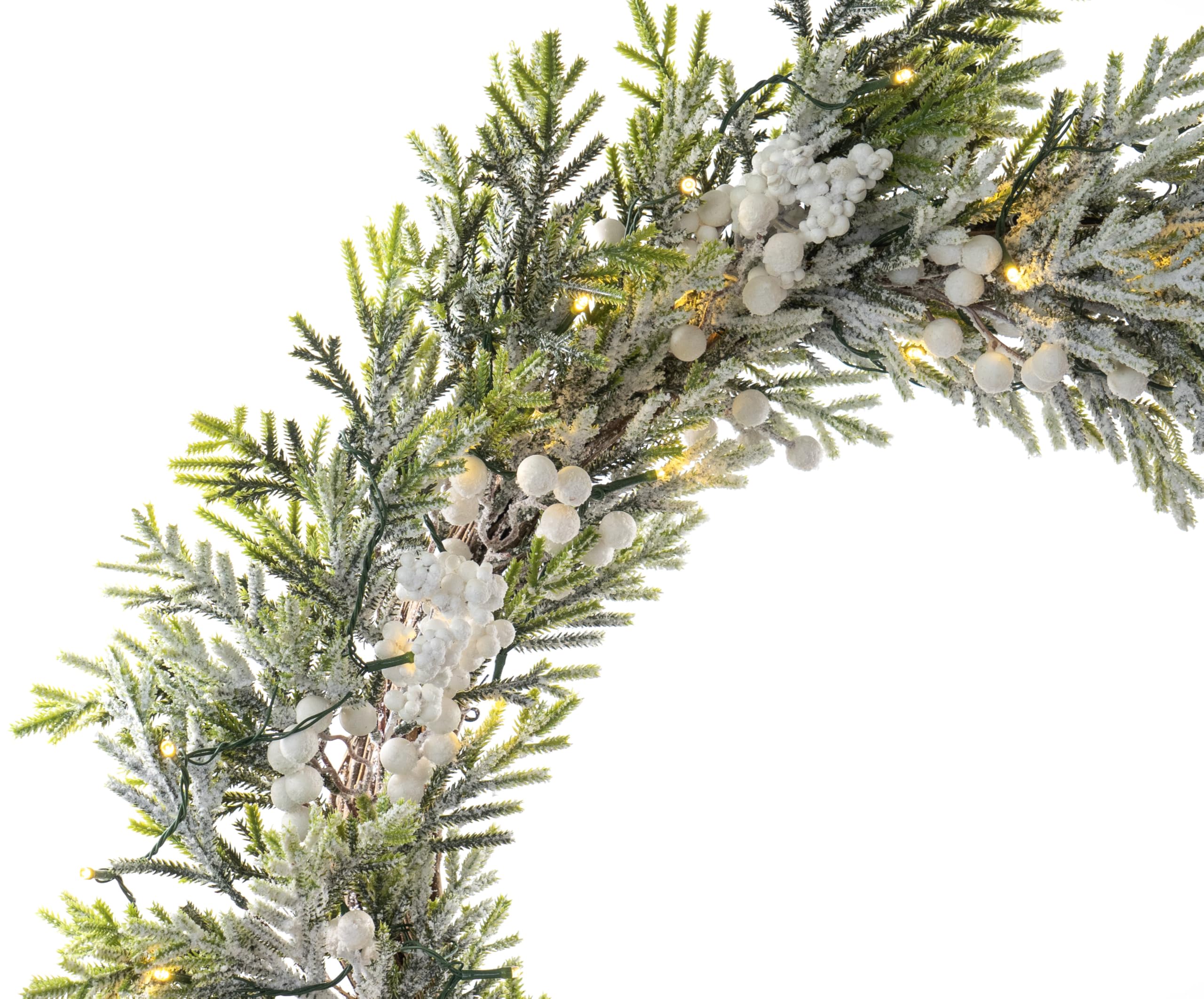 Red Co. Corona de Navidad artificial decorativa con luces nevadas de 30 pulgadas con bayas blancas, luces LED que funcionan con pilas y temporizador