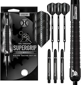Harrows - SUPERGRIP BLACK EDITION 90% Tungsten Steel Tip Darts Set. Available in Quick Point and Fixed Point - 21g, 22g, 23g, 24g, 25g, 26g, 28g & 30g