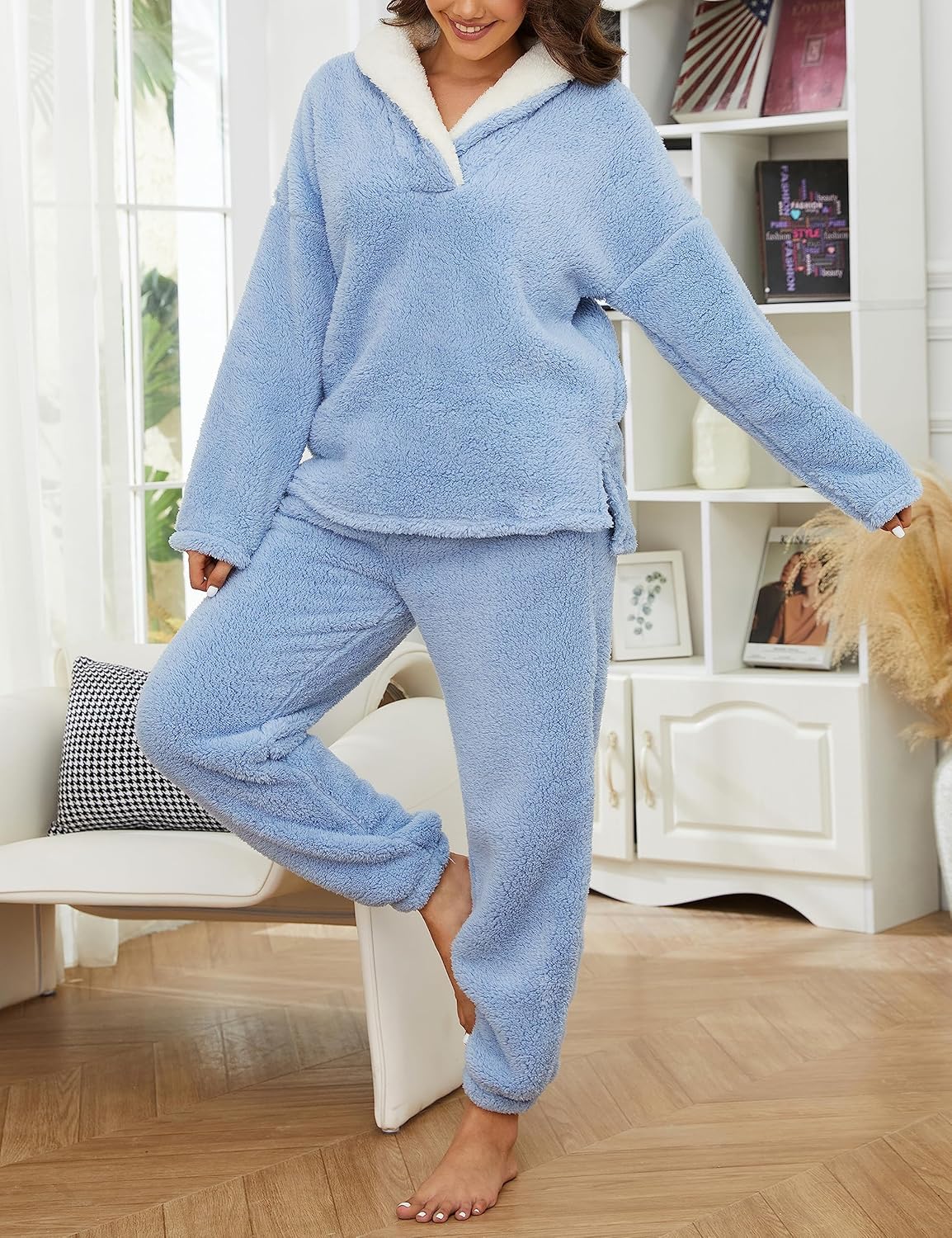 Springrain Fluffy Pajamas Set for Women Warm Fleece Pjs Set Pullover Pants Fuzzy Lounge Set - Image 4