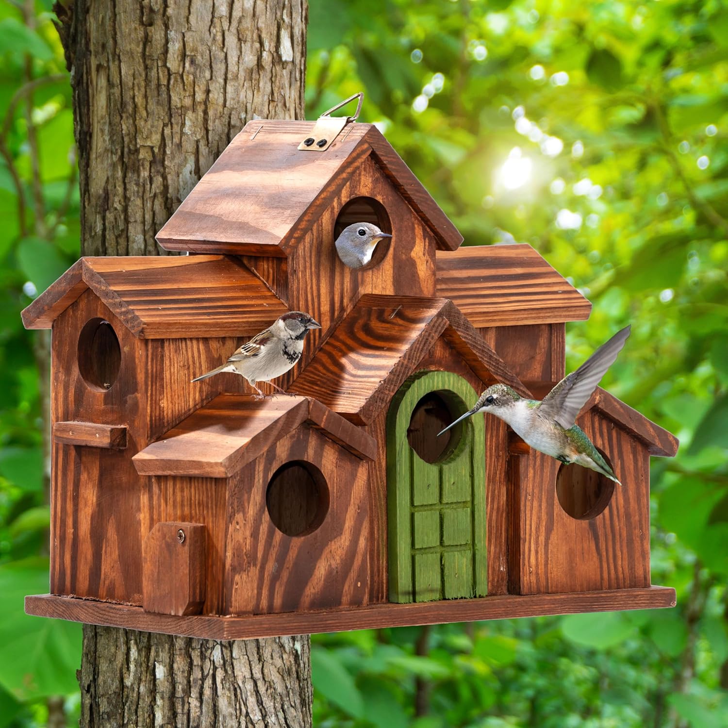 MIXUMON Bird House Outdoor, 6-Room Wooden Birdhouse for Outdoors & Outside, Carbonized Pine Wood Bird Houses with 1.57” Entrance & Easy Clean-Out Doors