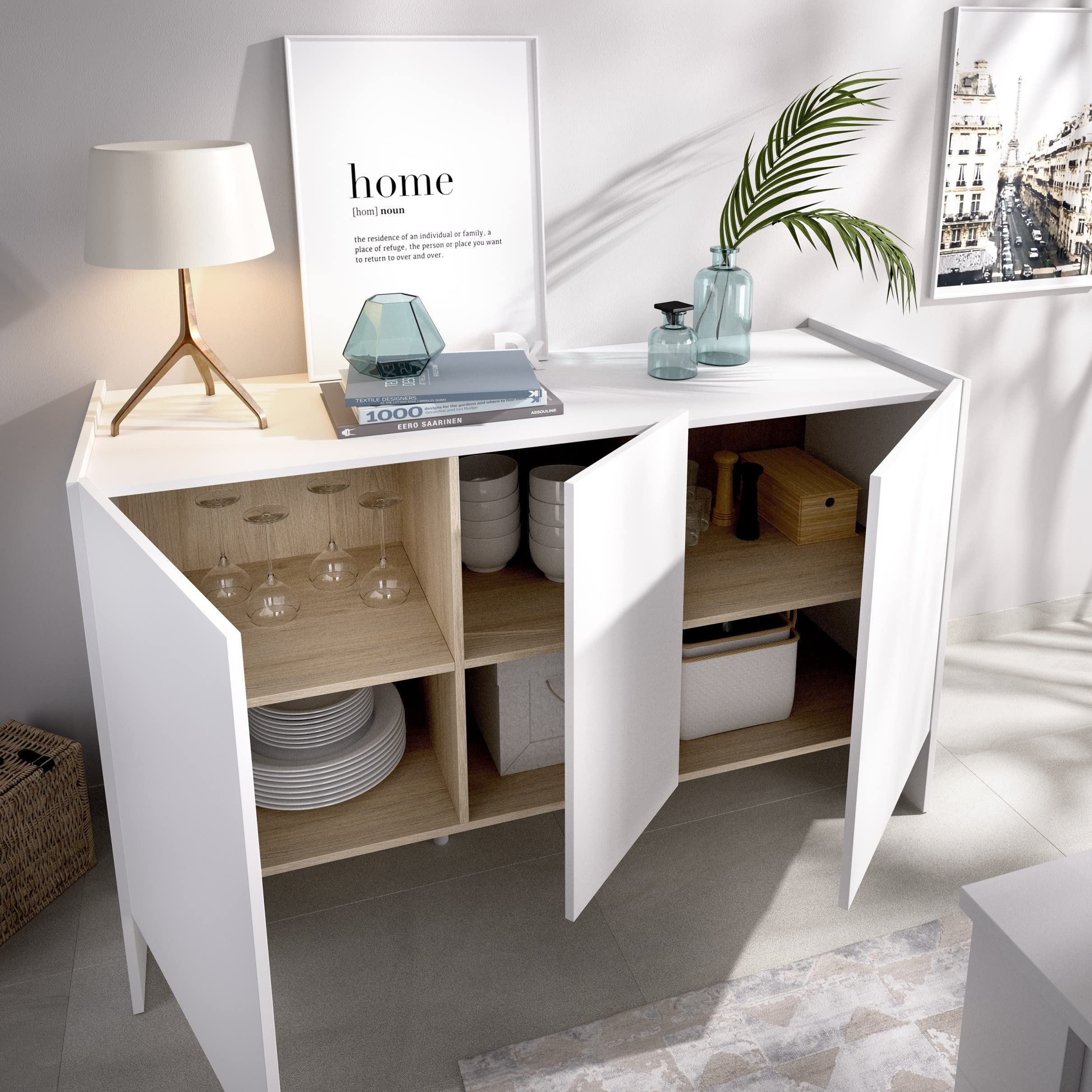 Madia Soggiorno Britney 138cm CAESAROO - Bianco Opaco E Rovere Naturale, 3 Ante Moderna - Foto 11