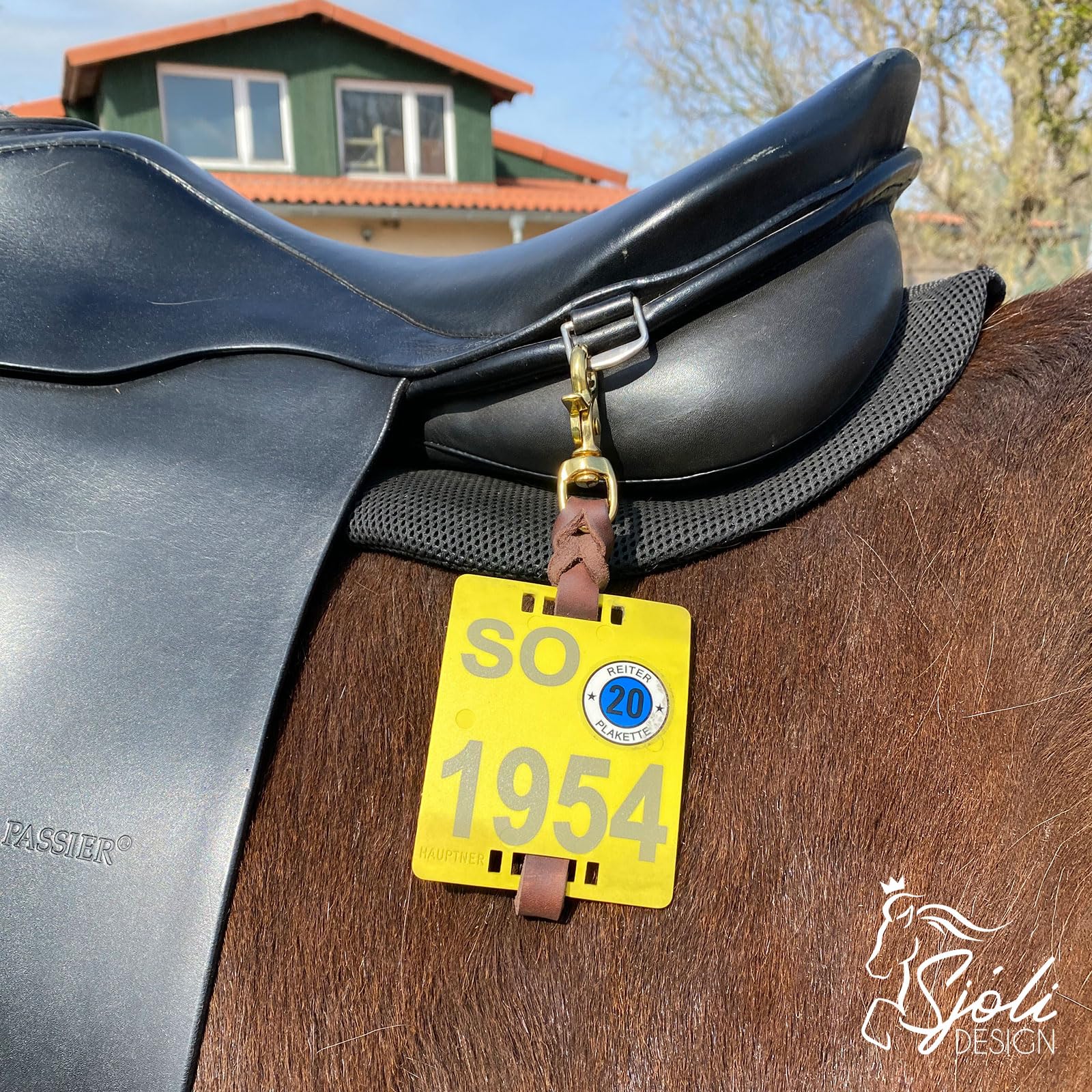 Reitplakettenhalter/Reitkennzeichenhalter (Paar) aus Fettleder (Schwarz, Chrome)