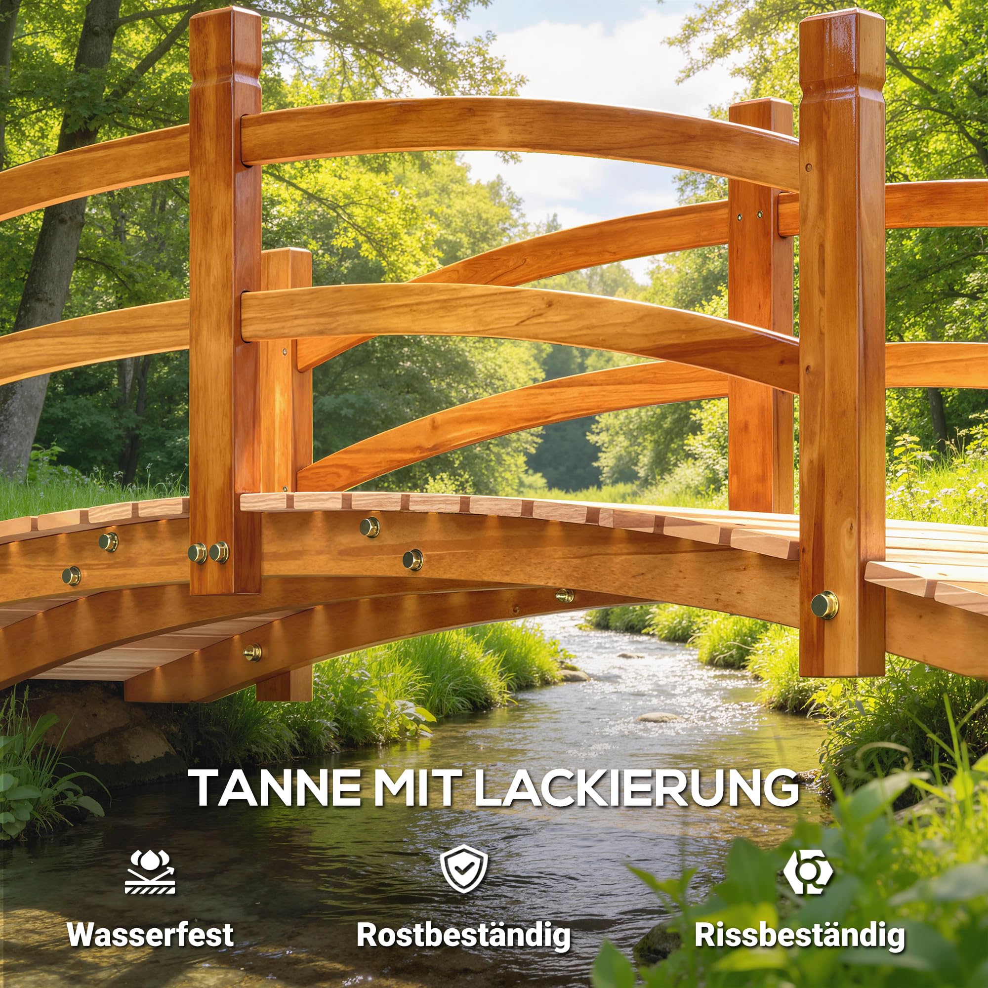 Outsunny Gartenbrücke 1,85 m Holzbrücke begehbar Holzsteg Teichbrücke Zierbrücke mit Geländer bis 200 kg Massivholz Orange