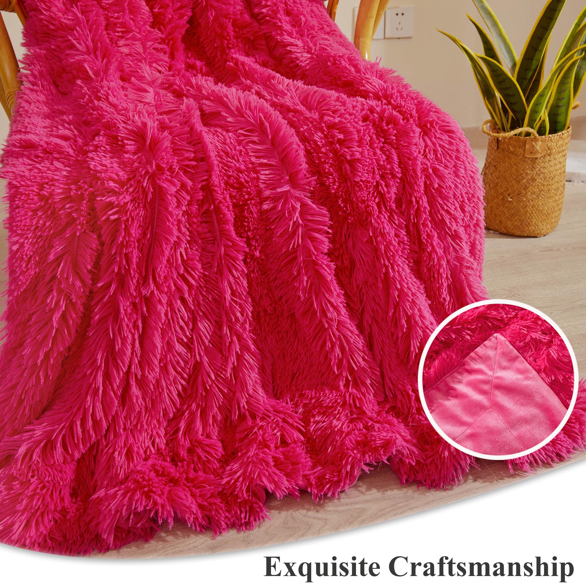 XeGe Luxury Faux Fur Blanket, Hot Pink Soft Big Fluffy Throw, Shaggy Plush Decorative Couch Blanket - Image 4