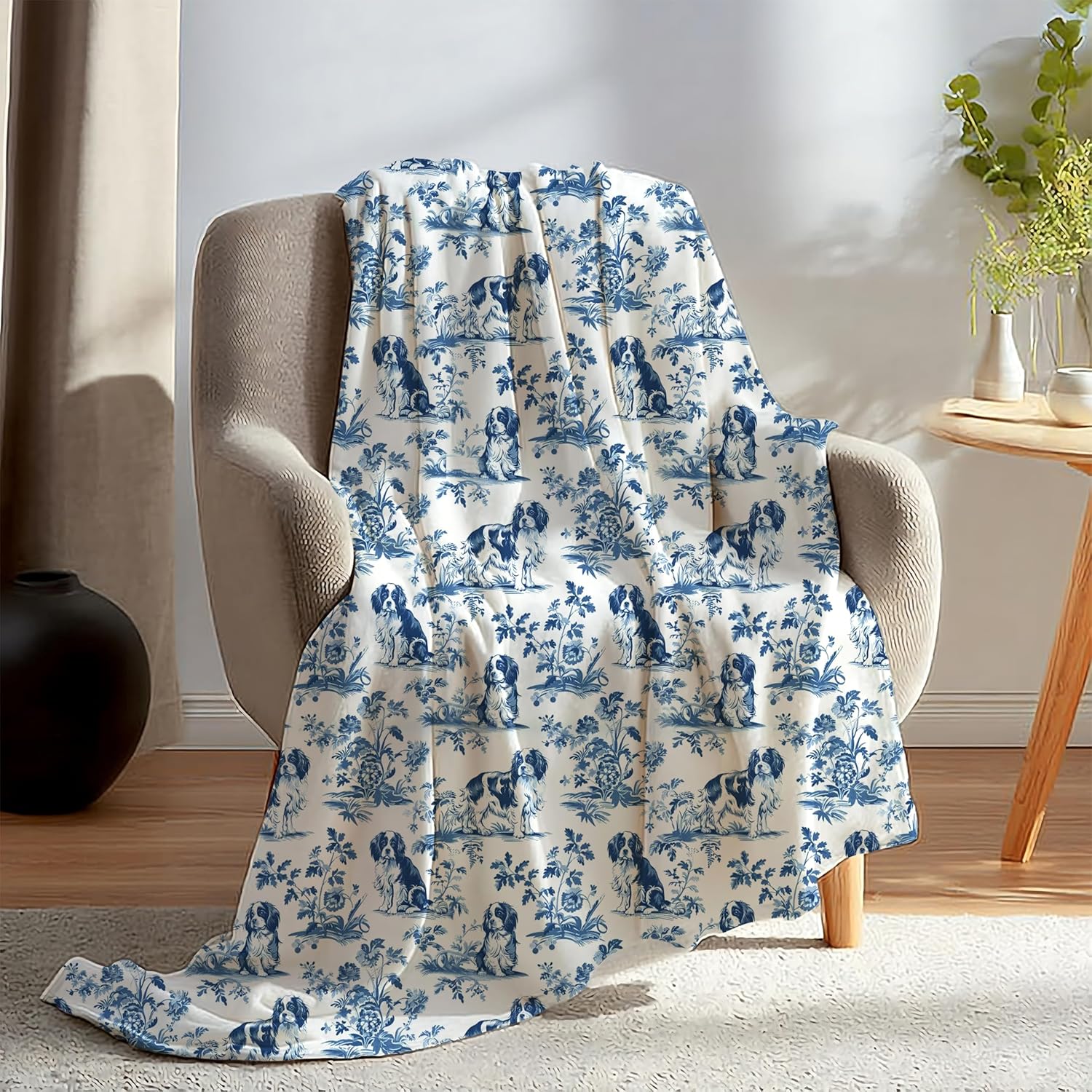 Chinoiserie Cavalier King Charles Spaniel Blanket, Cavalier King Charles Spaniel Gifts, Blue and White French Country Toile Dog Throw Blanket for Home Bedroom Couch Bed Decor, 50x60 Inches - Image 5