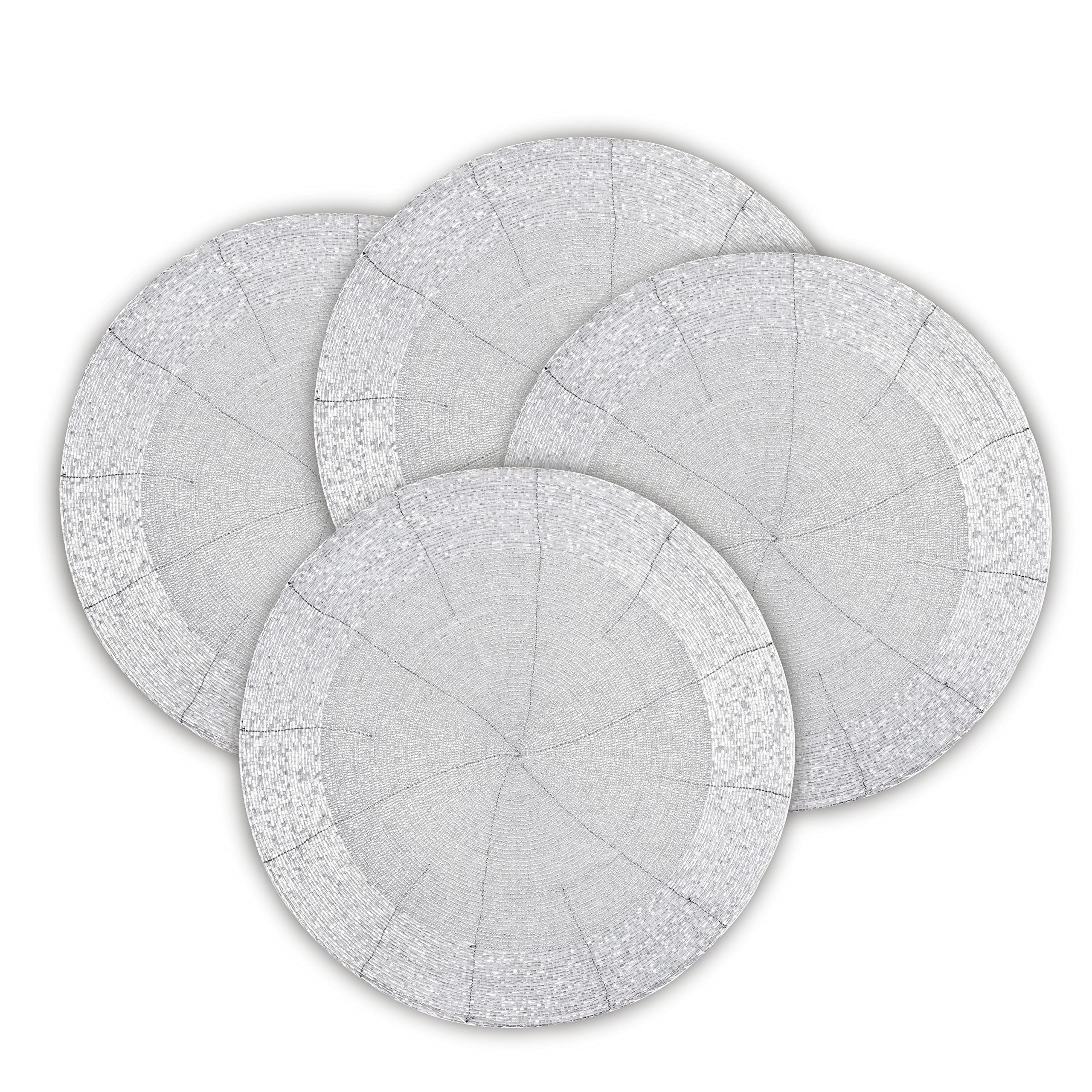 Lightnpro Beaded Placemats Set of 4-13 Inch Round Handmade Table Chargers - Rustic Farmhouse Glitz Table Décor for Dining Room, Christmas, Thanksgiving, Easter & Special Events- Whitish Silver