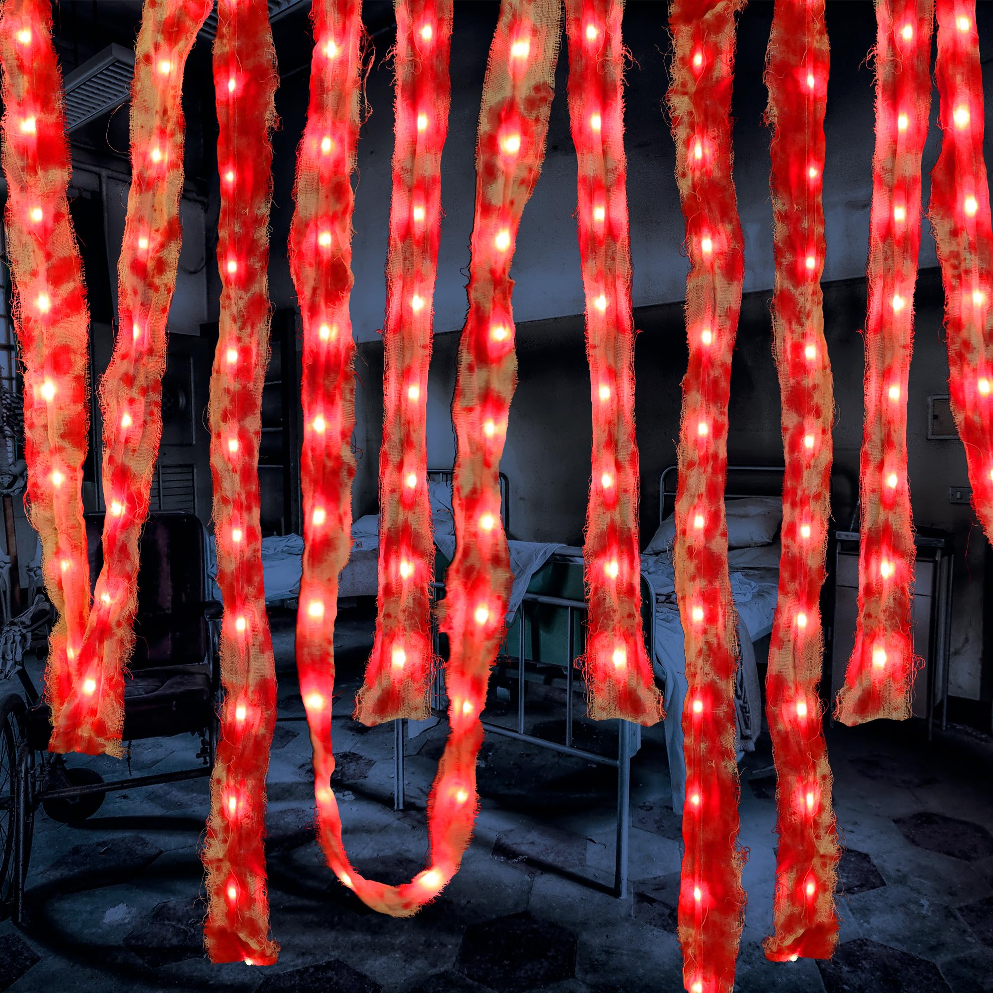 BrizLabsBlood Cloth Halloween Lights, 16.4ft 50 LED Creepy Battery Halloween String Lights, Fabric Bloody Strip with Red Lights DIY Halloween Lights for Doorway Curtain Staircase Haunted House Decor