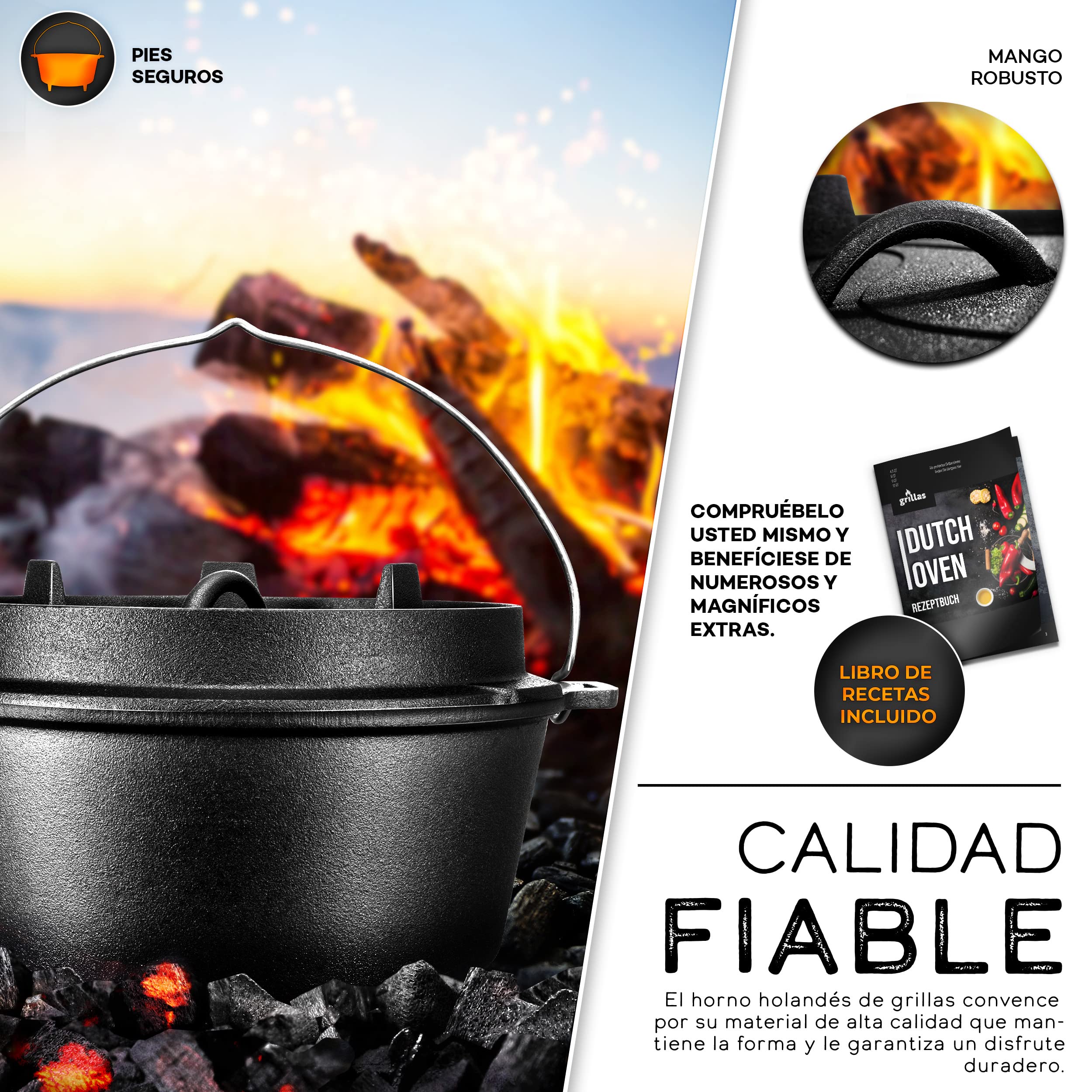 grillas® Set de Olla Holandesa | Dutch Oven | Horno Holandés de Hierro Fundido Esmaltado | Cazuela con Tapa y Asas