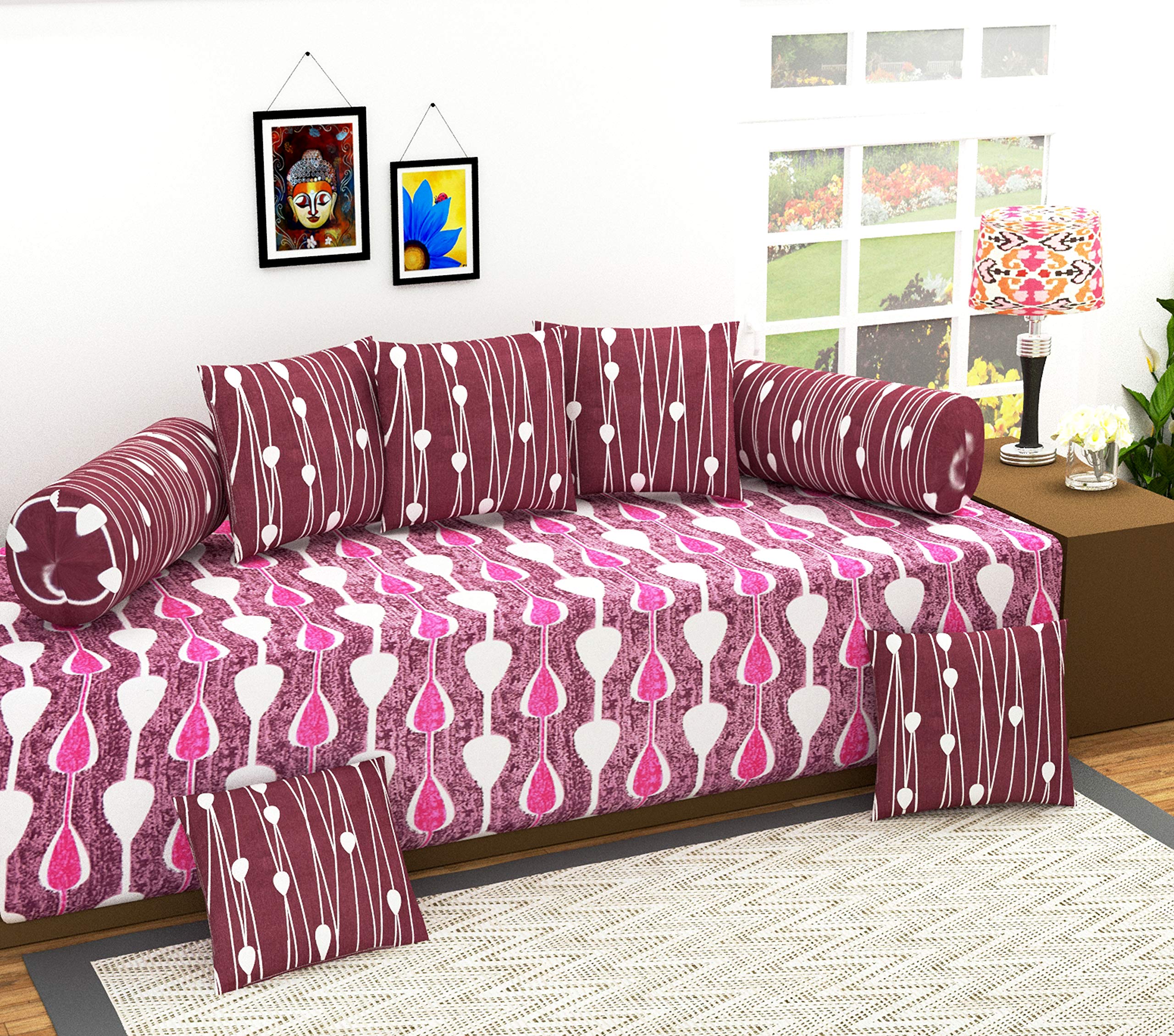 Premium Heavy Cotton 8 Pieces Diwan Set(1 Single Bed Bedsheet 60 x 90, 5 Coordinate Cushion Covers, 2 Coordinate Bolster Cover)- Vintage Cloud Series-image-20