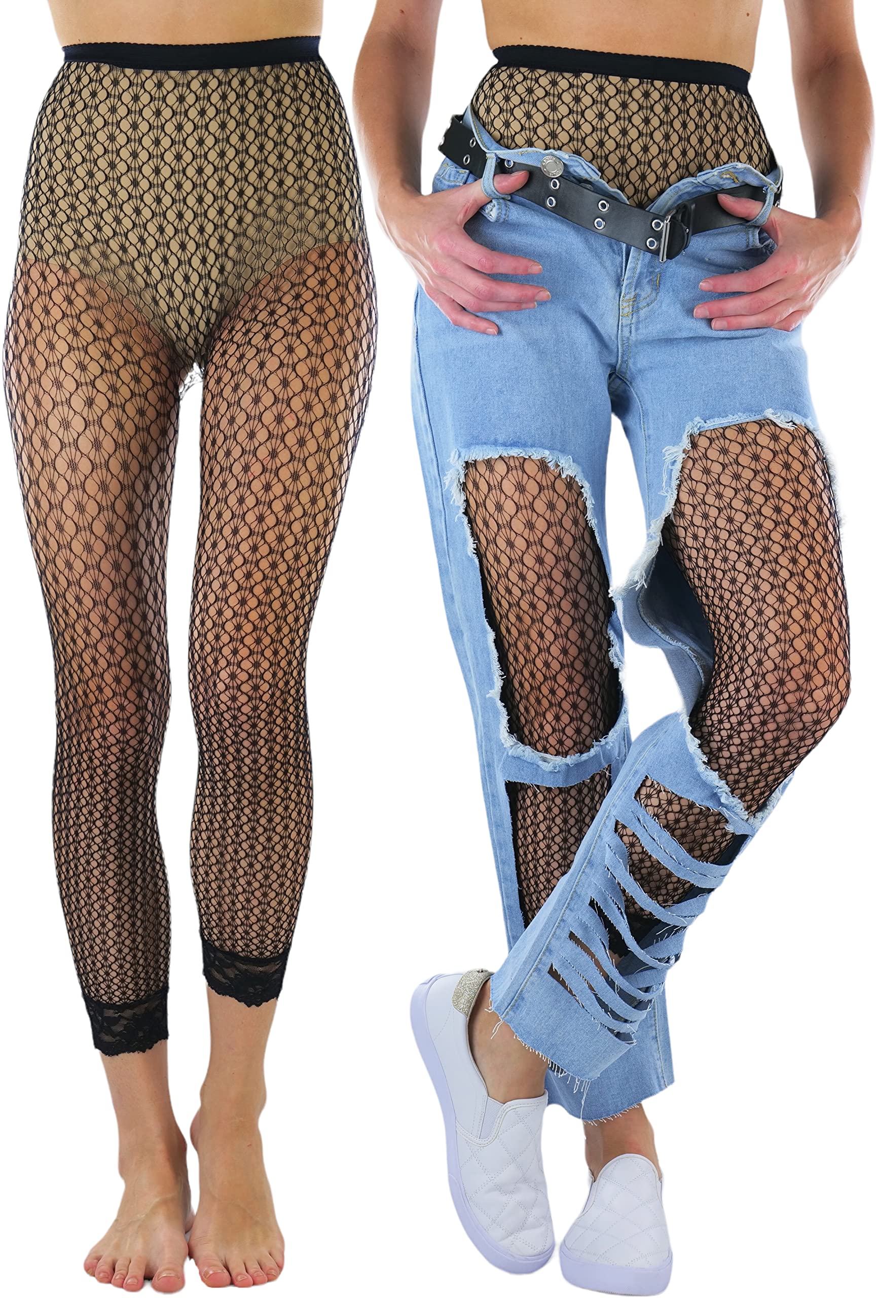 ToBeInStyle Women's Single Floral Lace Fishnet Tights Footless &amp; Stirrup Design
