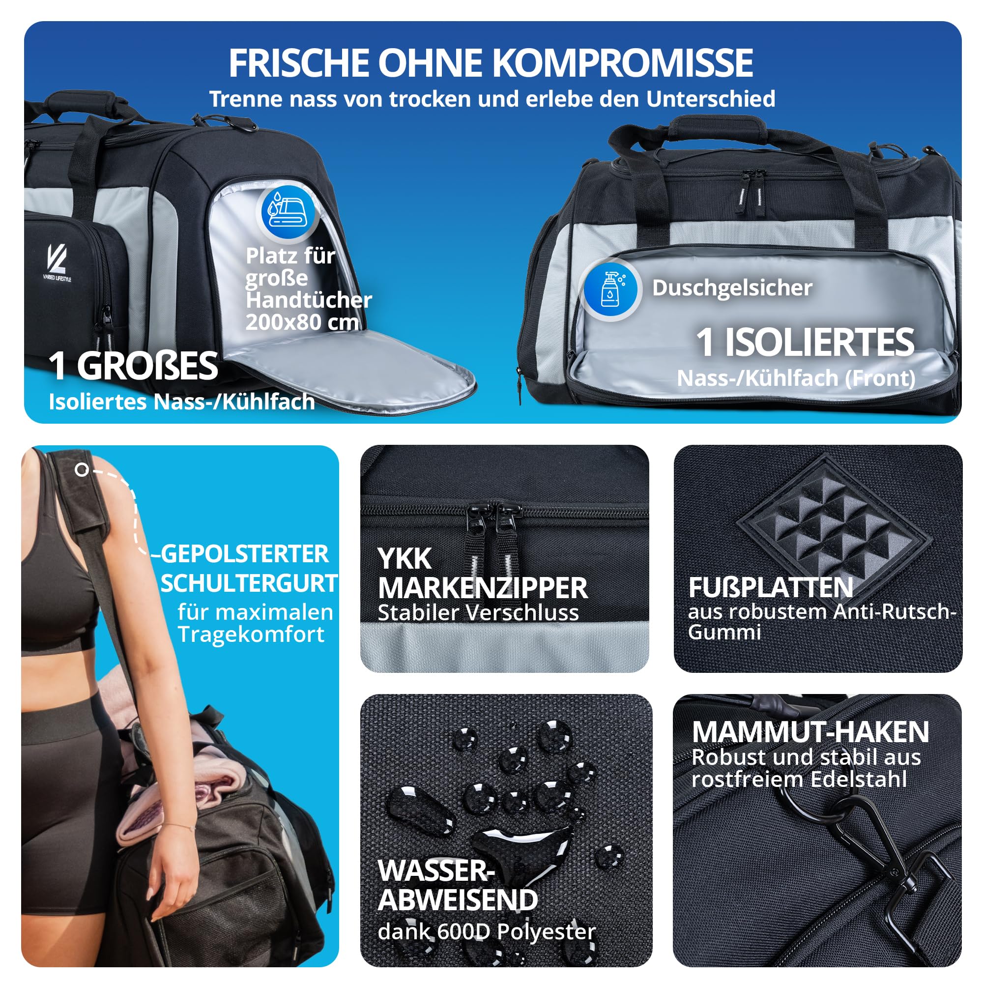 Borsa sportiva – Varianti (Parent), nero/argento, L, Borsa sportiva con scomparto per scarpe e scomparto umido e scomparto refrigerante